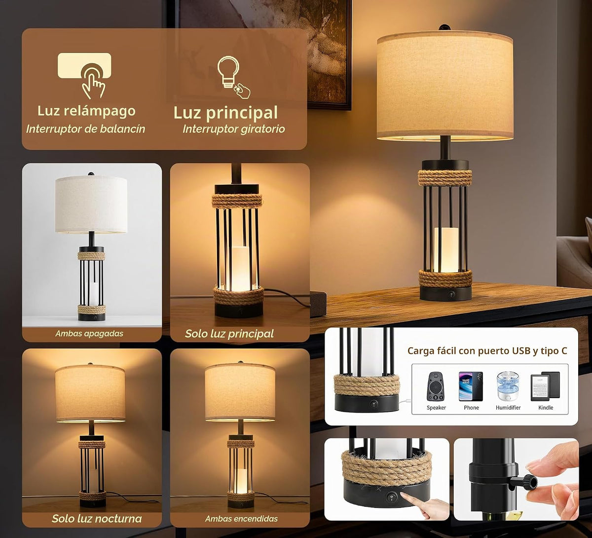 OYEARS Juego de 2 lámparas de mesa de 25" con luz nocturna, lám...