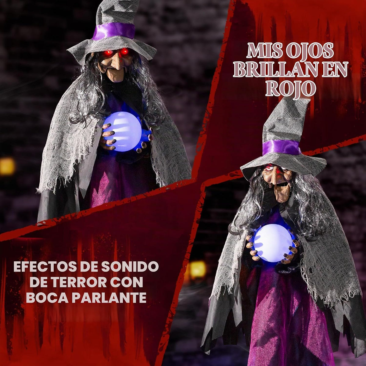 Decoraciones animatrónicas de Halloween, bruja que habla colgante,...