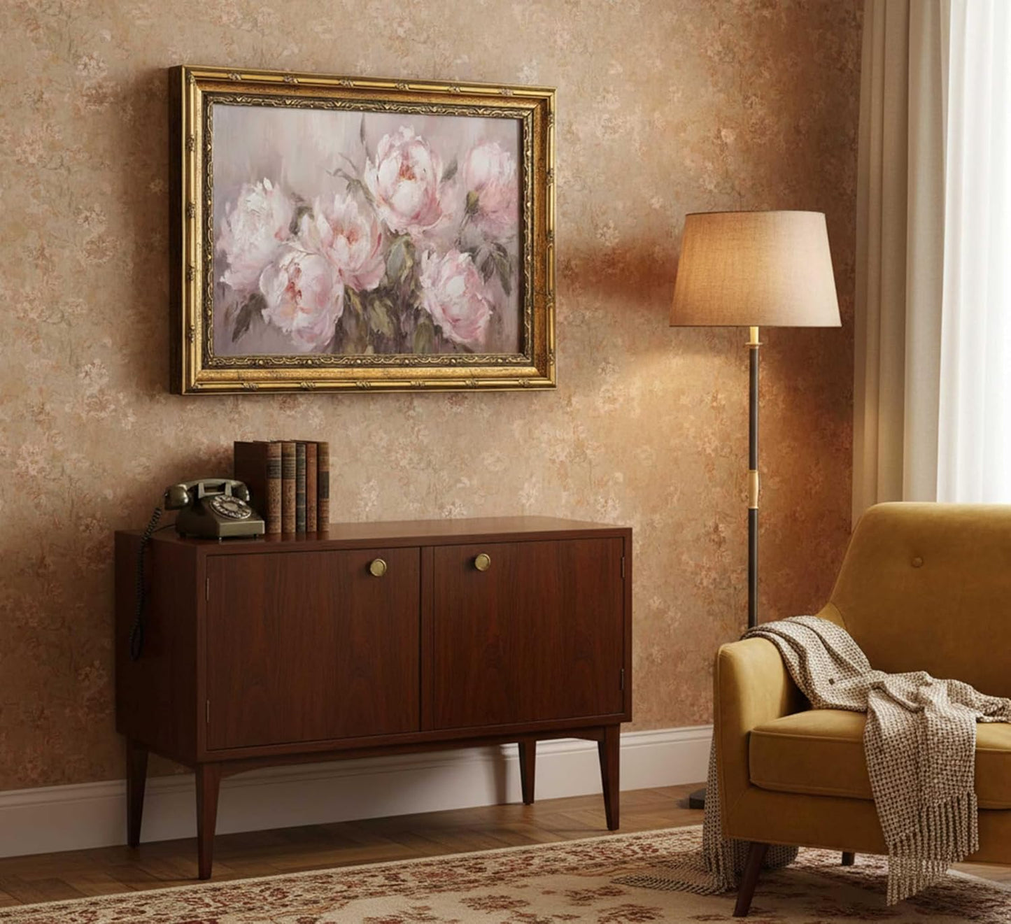 Lienzo decorativo de pared con diseño de flores rosadas con marco d...