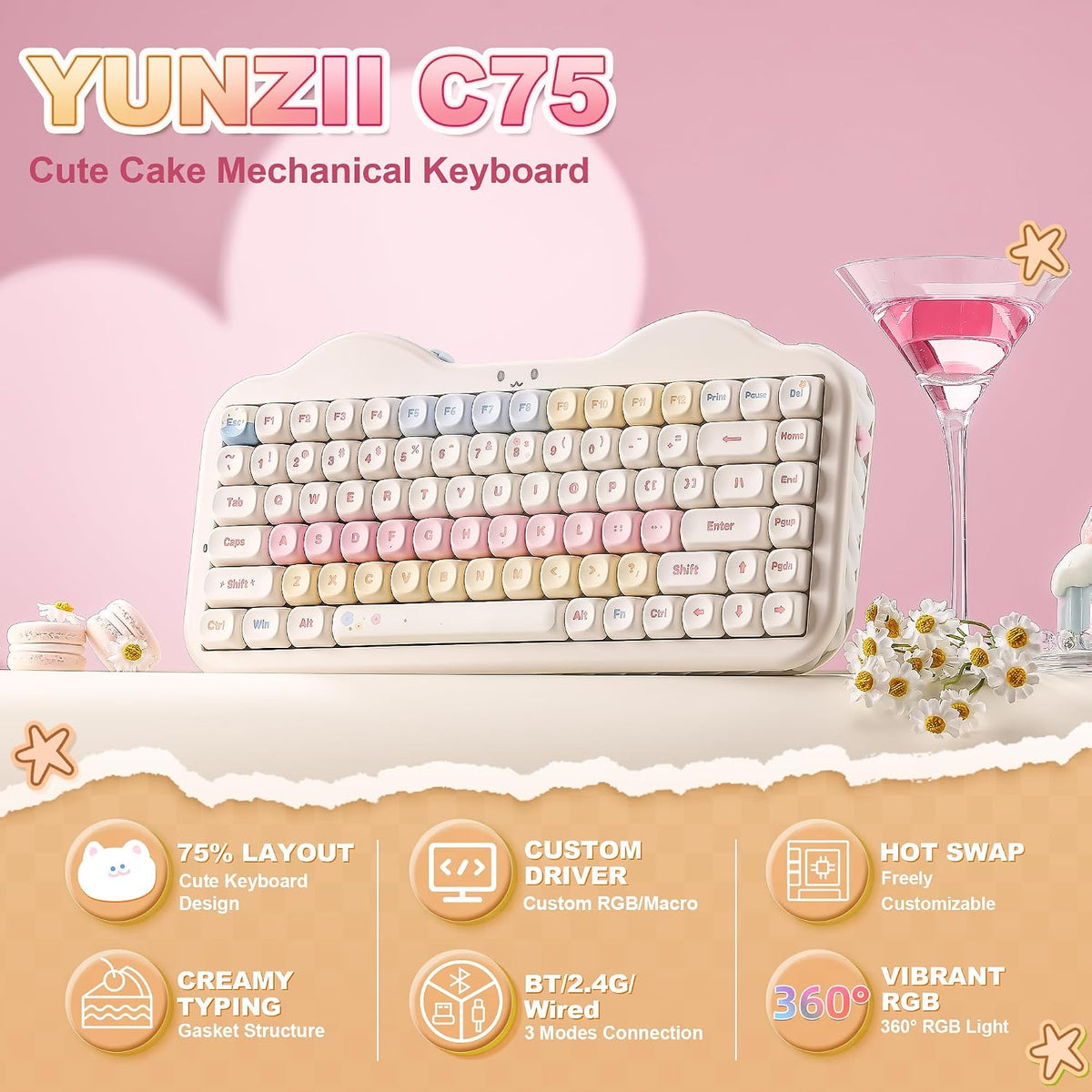 YUNZII Teclado Mecánico Inalámbrico C75, Diseño del 75%, NKRO Inter...