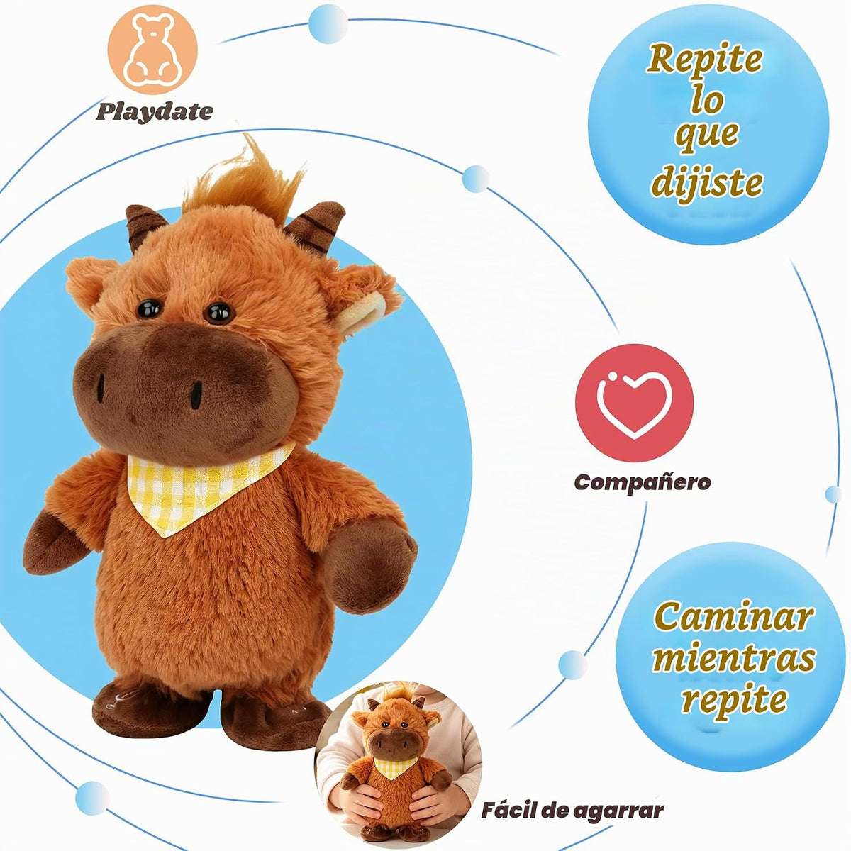 Hopearl Talking Highland Cow con babero amarillo repite lo que dice...