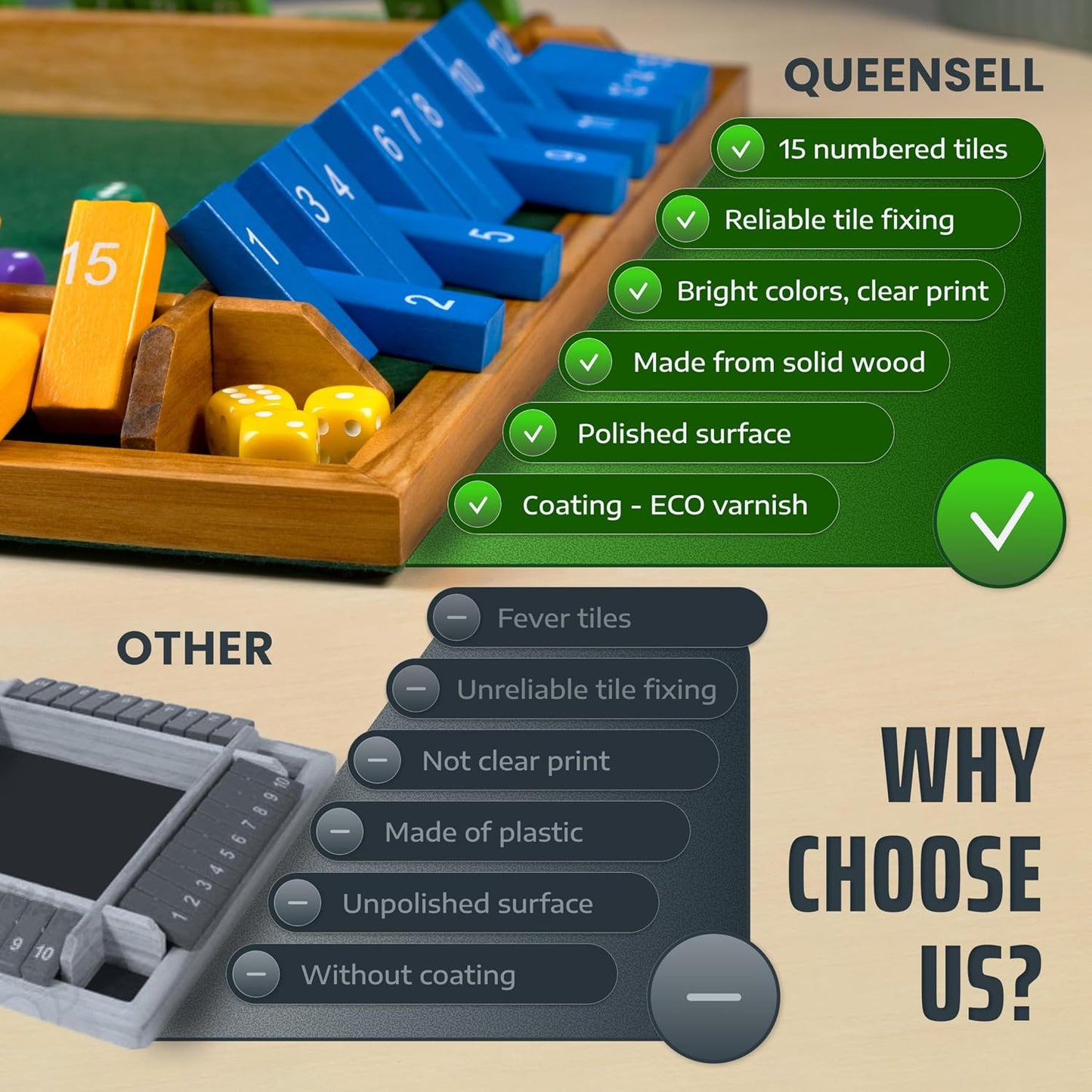 Queensell Shut The Box Juego de mesa de madera para 4 jugadores, ju...