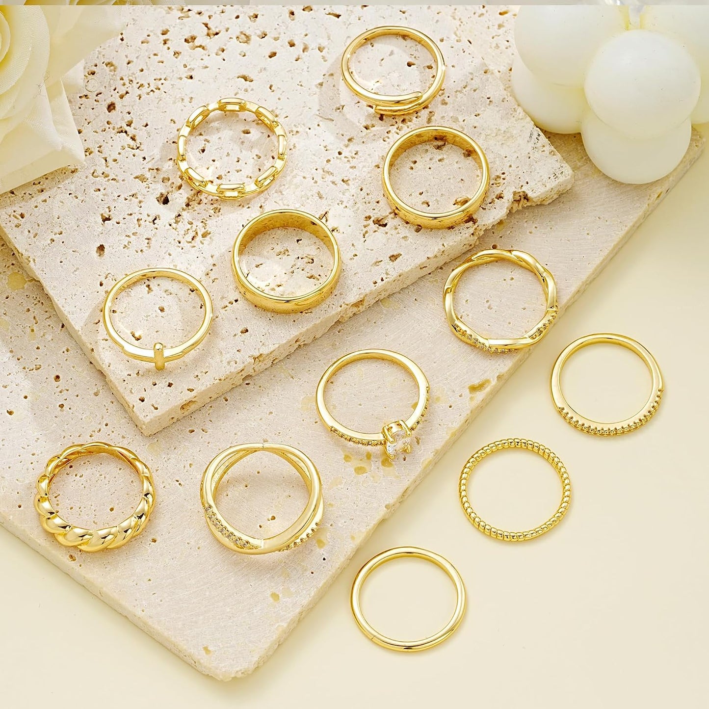 FAXHION 12 piezas de anillos delicados de oro de 14 quilates para m...