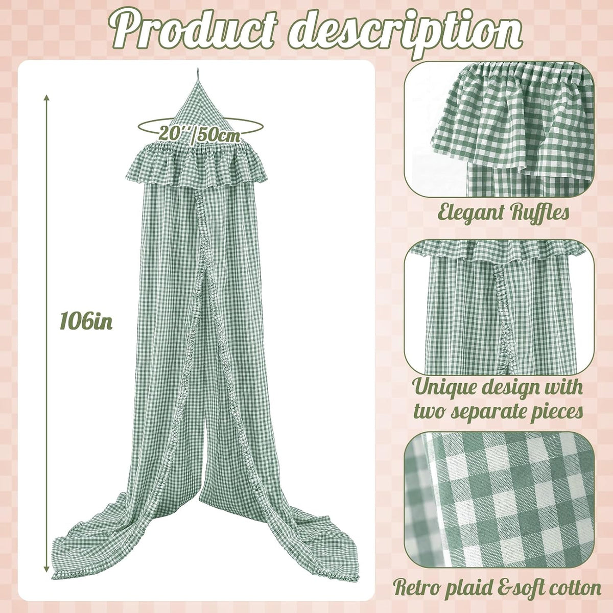 SmoothNovelty Toldo de cama a cuadros con volantes, suave, estilo v...
