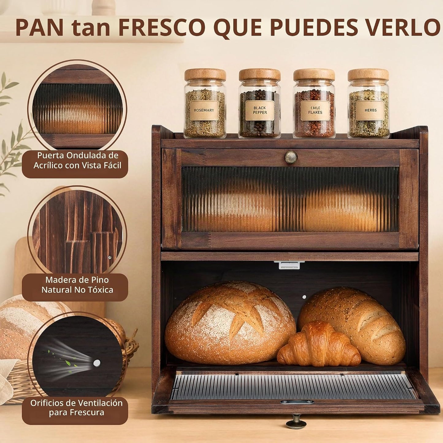 Luollabytel Panera para encimera de cocina, panera de madera de 2 c...