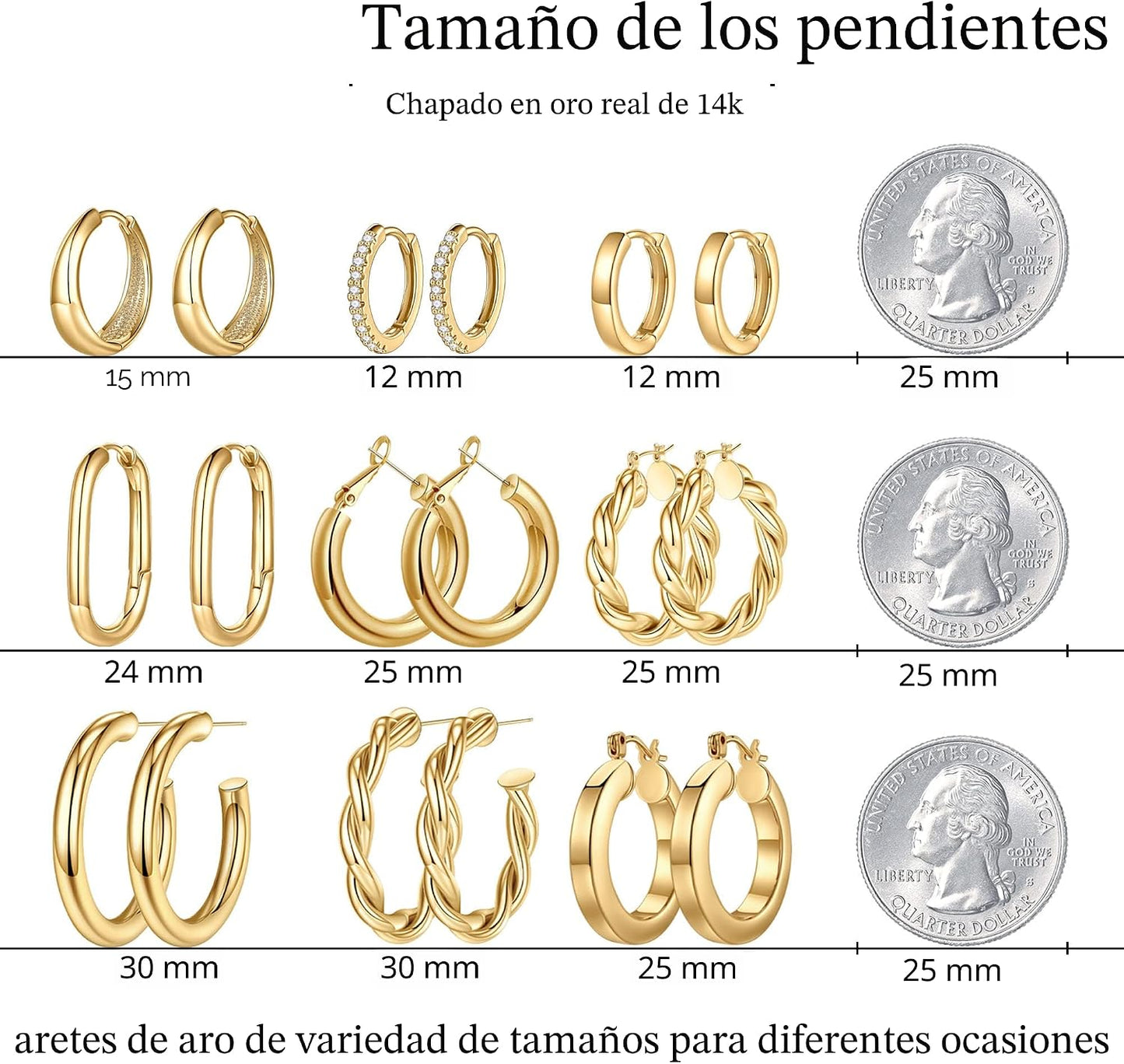 Yesteel 9 pares de arracadas de oro para mujer, chapadas en oro rea...
