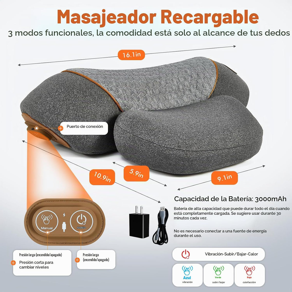 WALFITE Almohada masajeadora de cuello 3 en 1 con calefacción y tra...