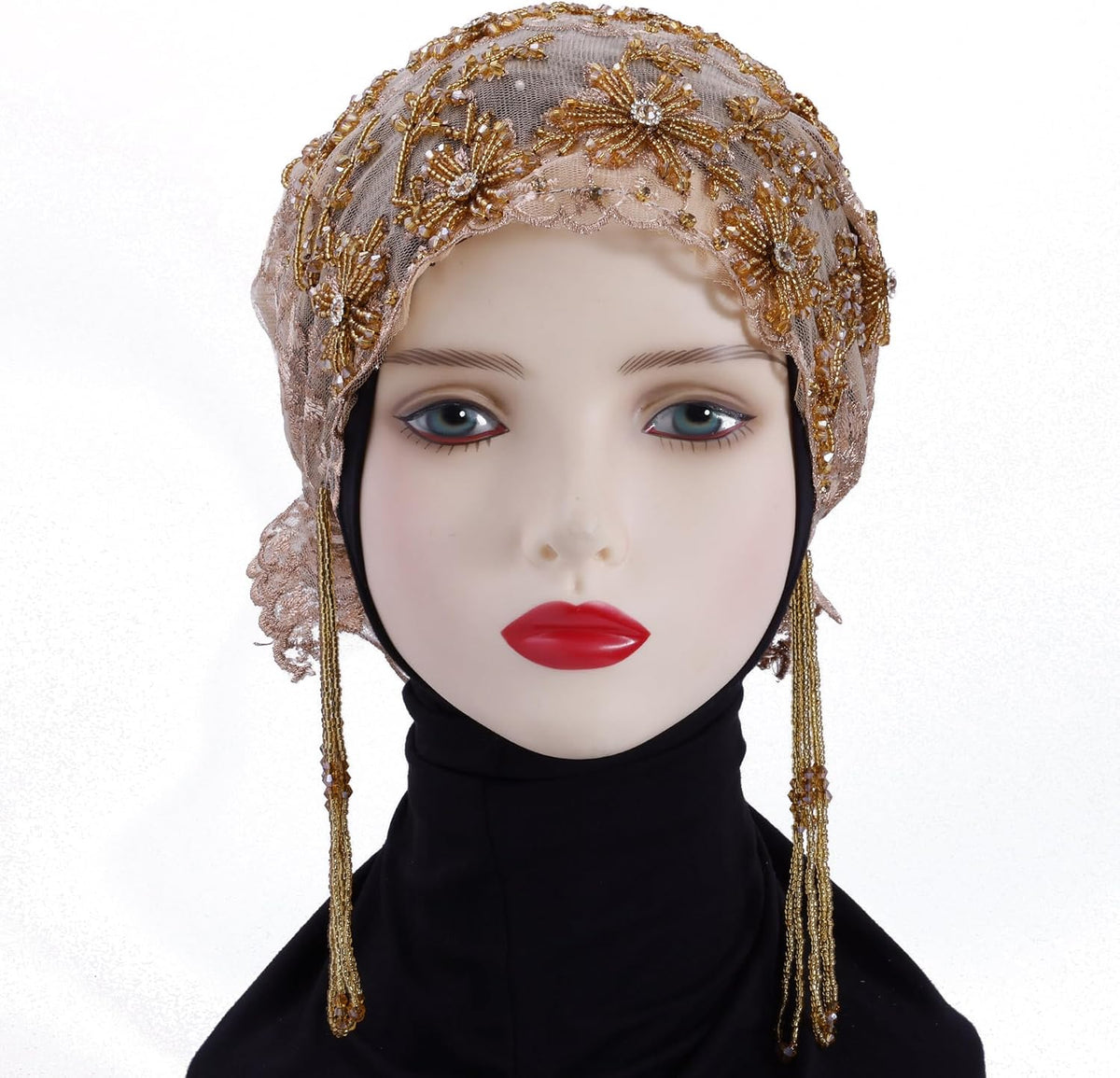 Turbante para mujer, con cuentas de encaje, musulmán, hijab, gorro...