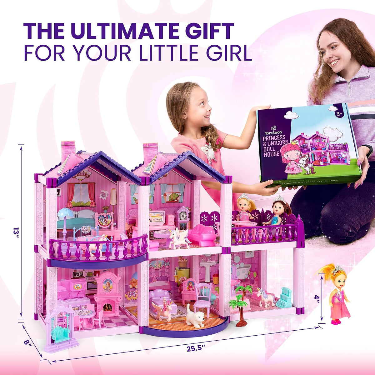 Casa de muñecas con 4 princesas, 4 unicornios, perro, muebles y acc...