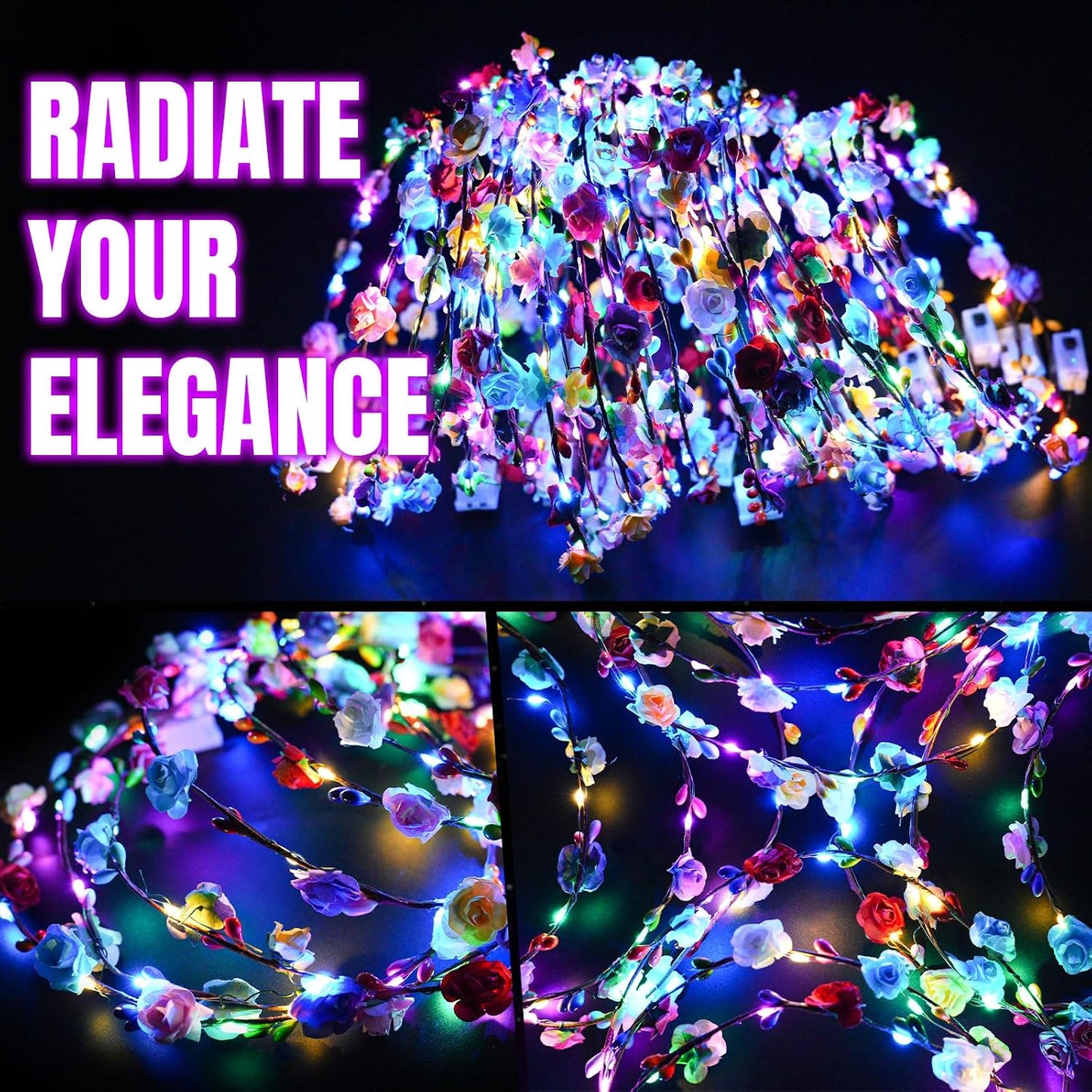 100 diademas LED con corona de flores, suministros de fiesta que br...