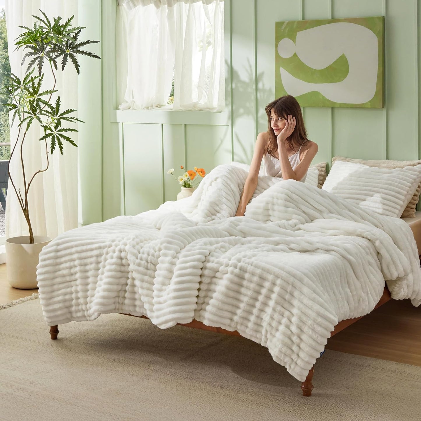 Bedsure Juego de edredón esponjoso tamaño Queen - Juego de cama súp...