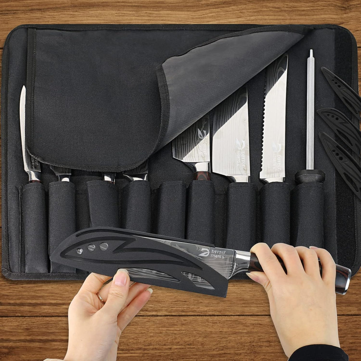 Dfito Juego de cuchillos de chef con bolsa enrollable, juego de 9 p...