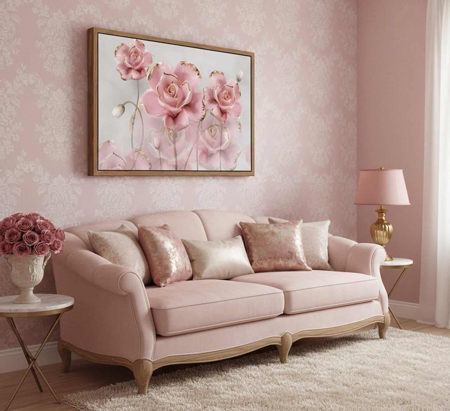 Lienzo enmarcado moderno y delicado de rosas de oro rosa, arte de p...