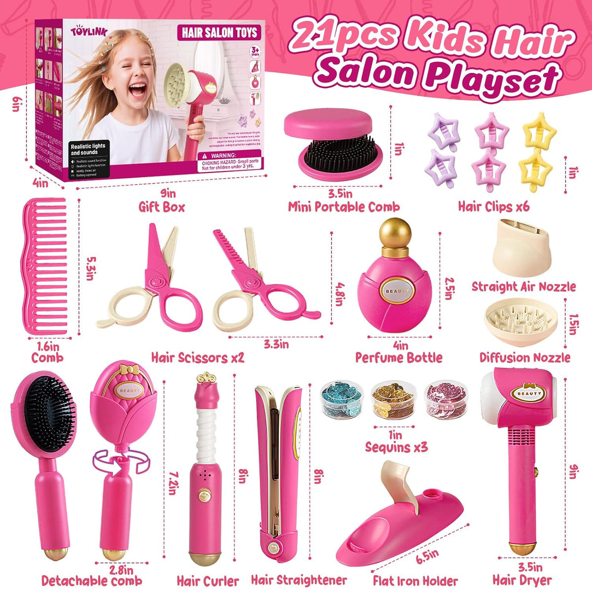 Toylink Juguetes de peluquería para niñas, 21 piezas de juguetes de...