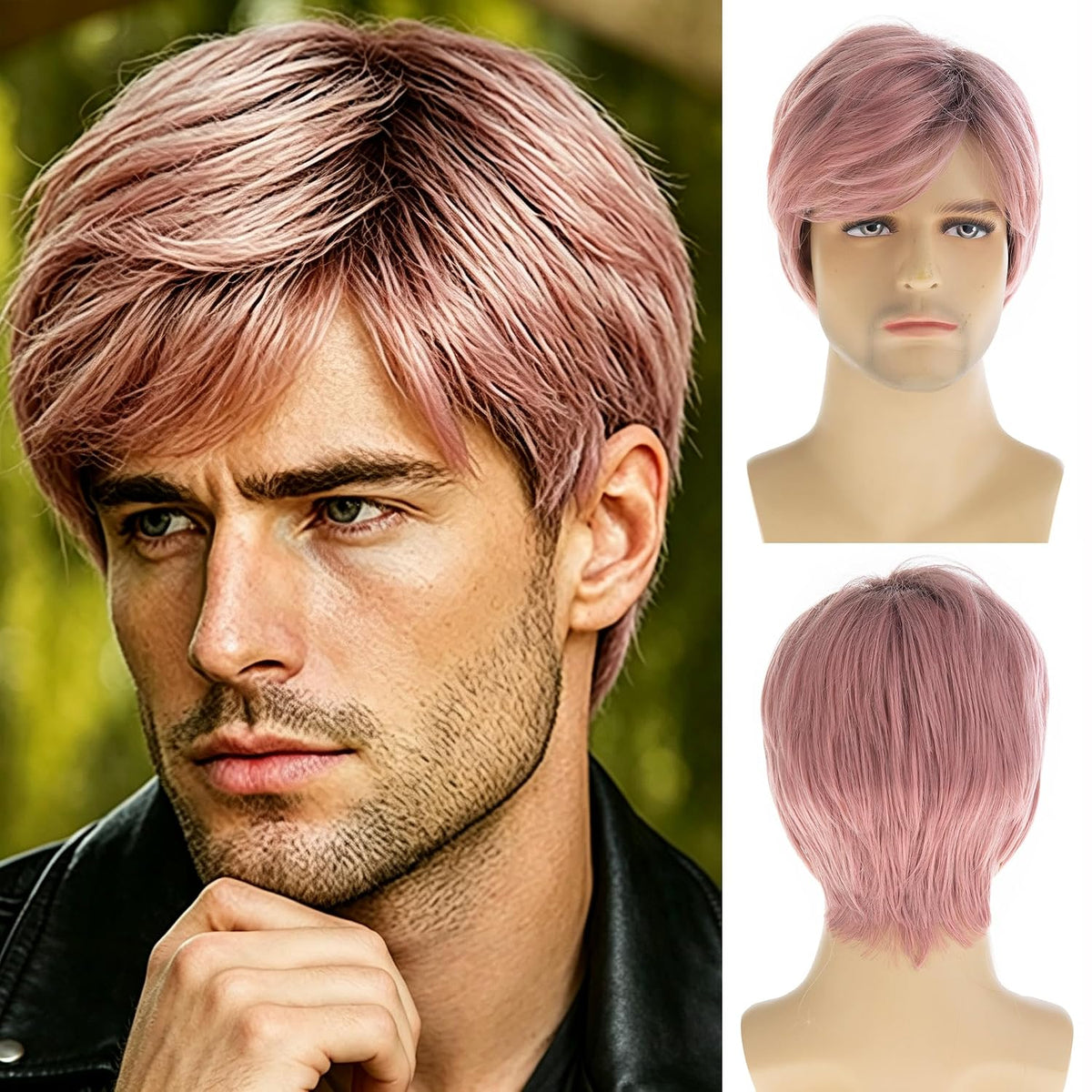 RicHyun Pelucas cortas rosas para hombres, raíces oscuras, sintétic...