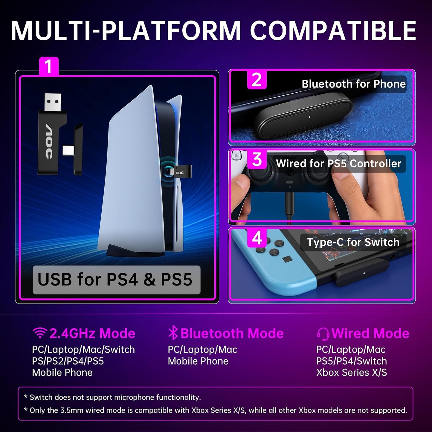 AOC Auriculares inalámbricos para juegos compatibles con PS5\/4, in...