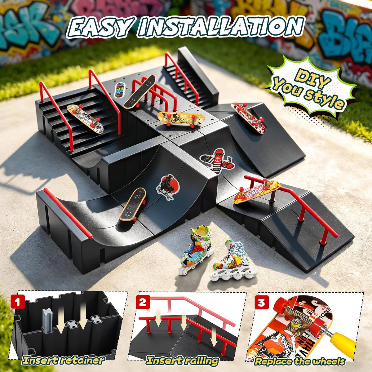 RNGODO Kit de parque de patinetas para niños, 14 en 1, mini rampa d...