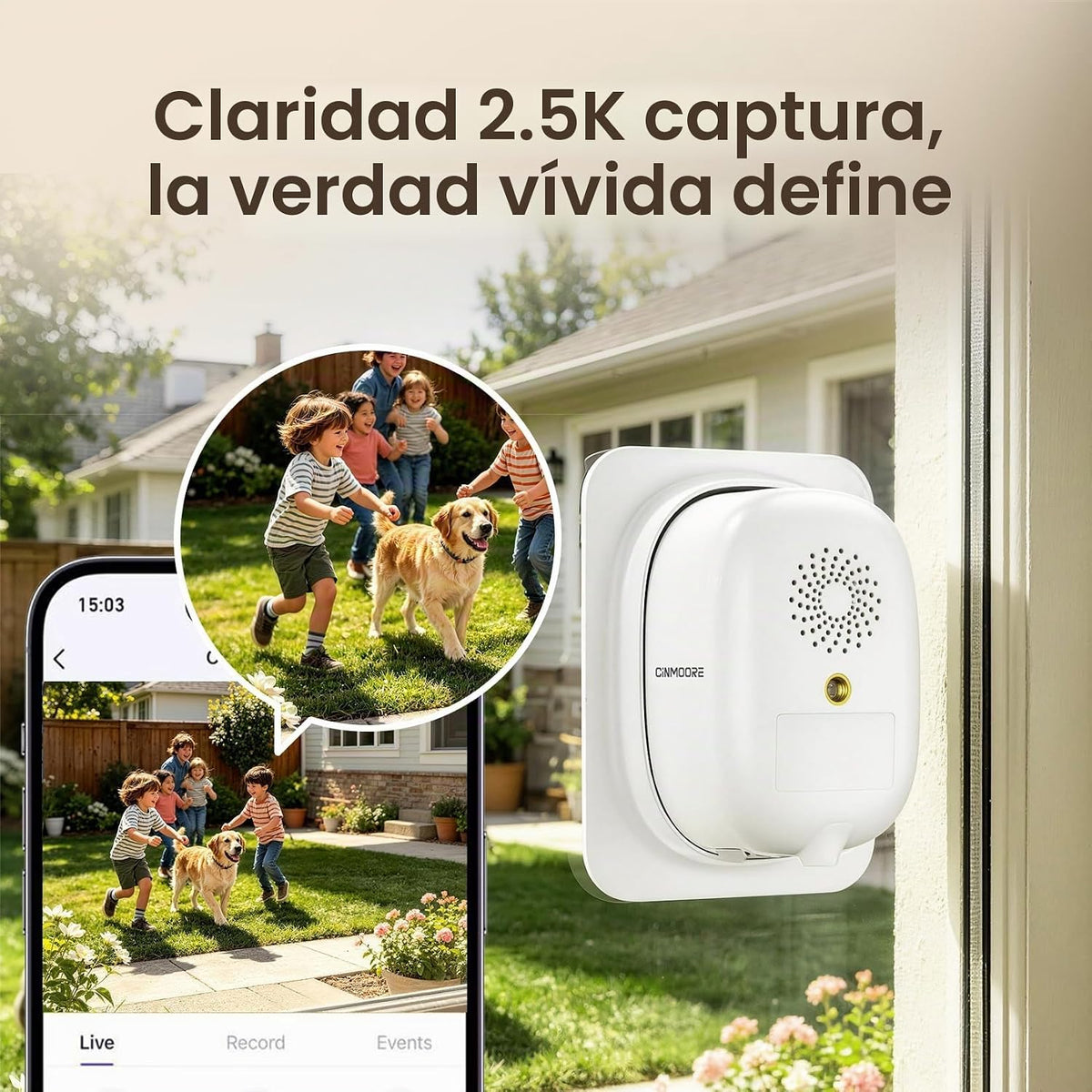 CINMOORE Cámara de seguridad de ventana de 2.5K, sin taladro, antir...