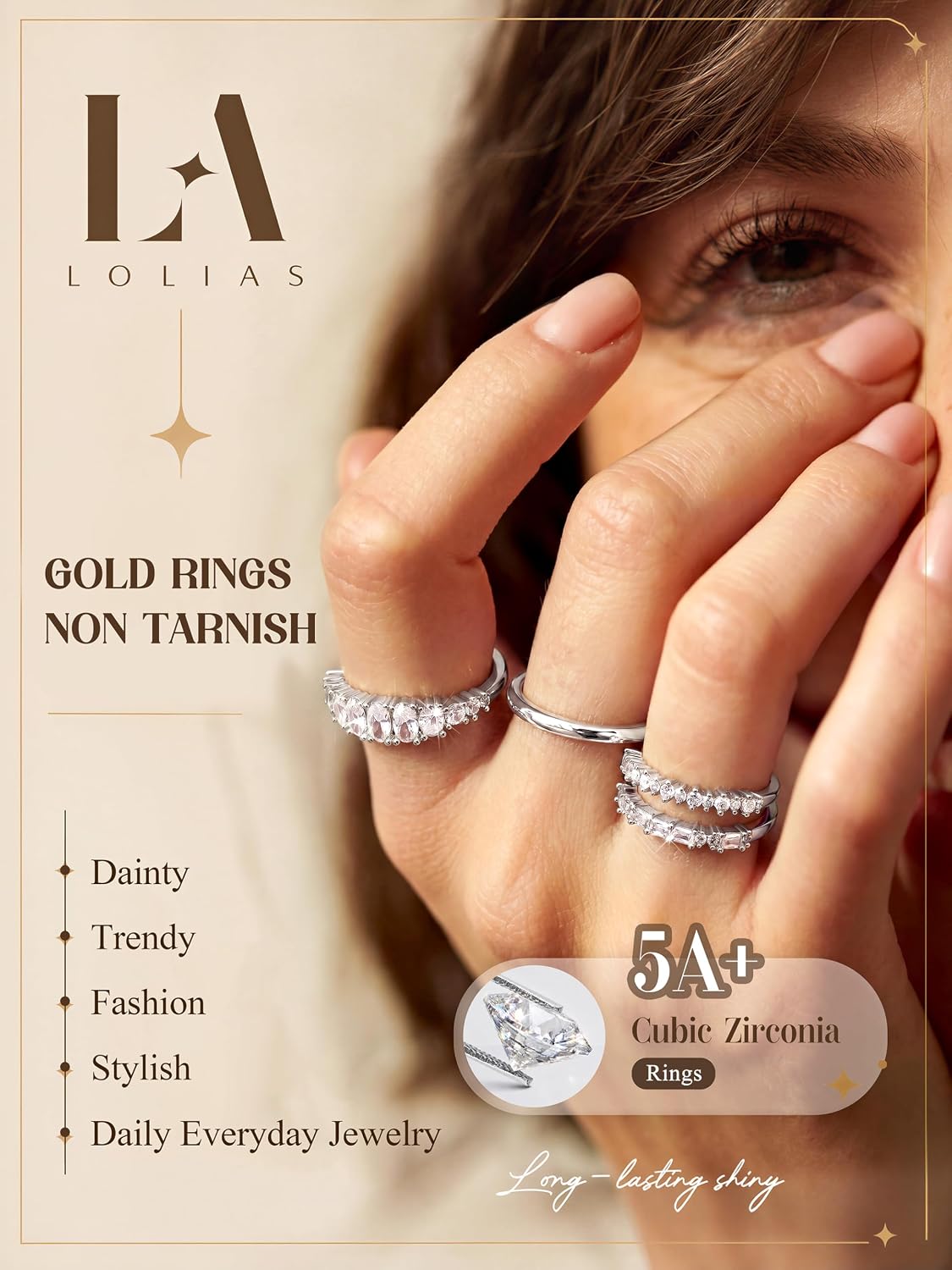 LOLIAS Anillos apilables chapados en oro de 14 quilates para mujer...