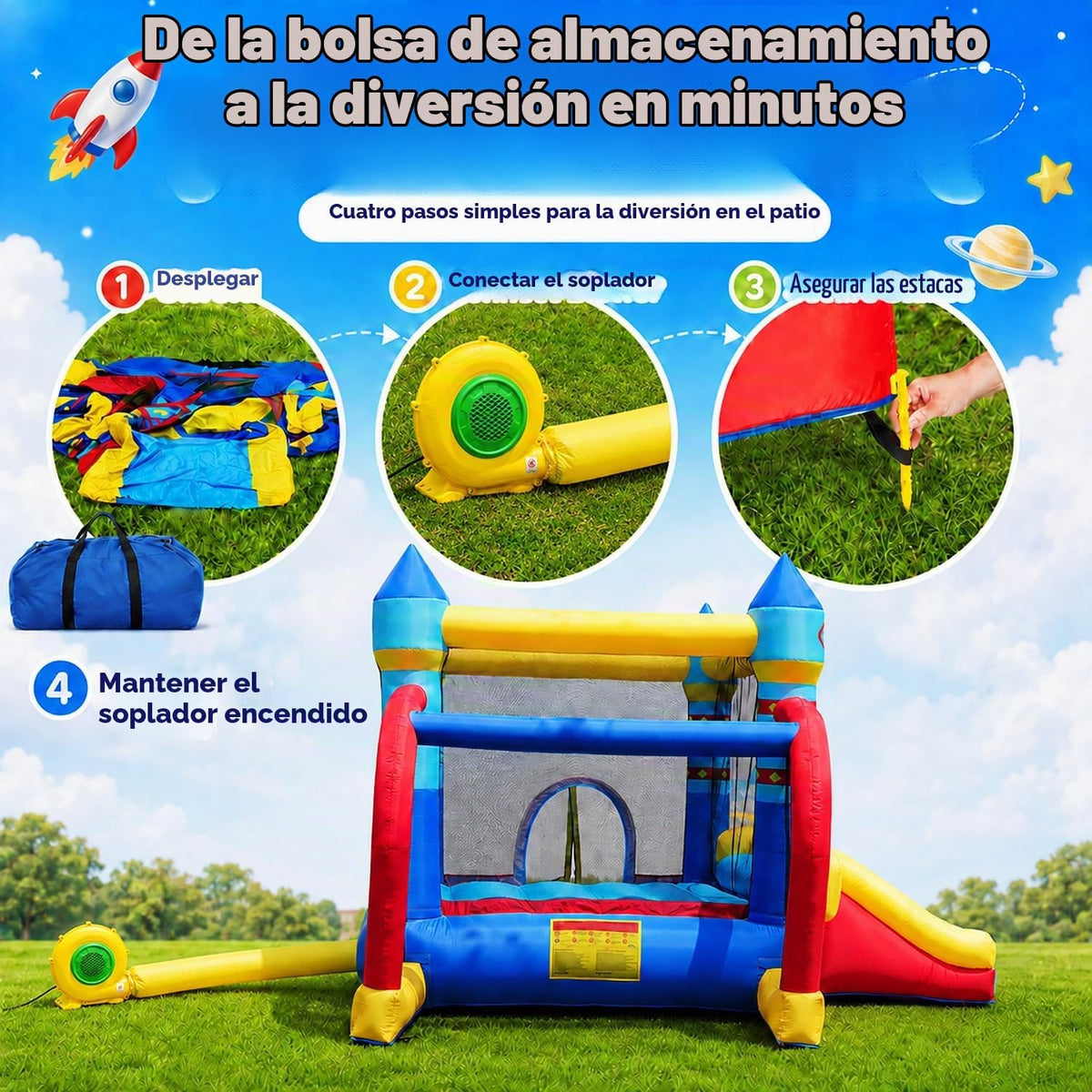 Casa inflable de rebote para niños con soplador, tema espacial de 1...