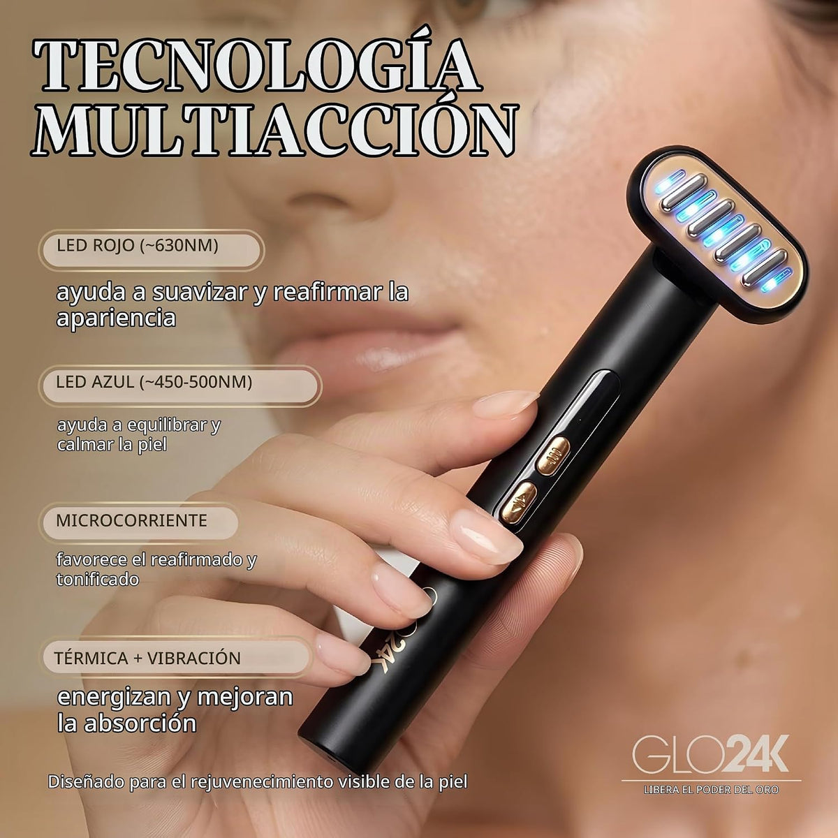 GLO24K Varita de Terapia de Belleza 6-EN-1 para la Cara, Ojos y Cue...