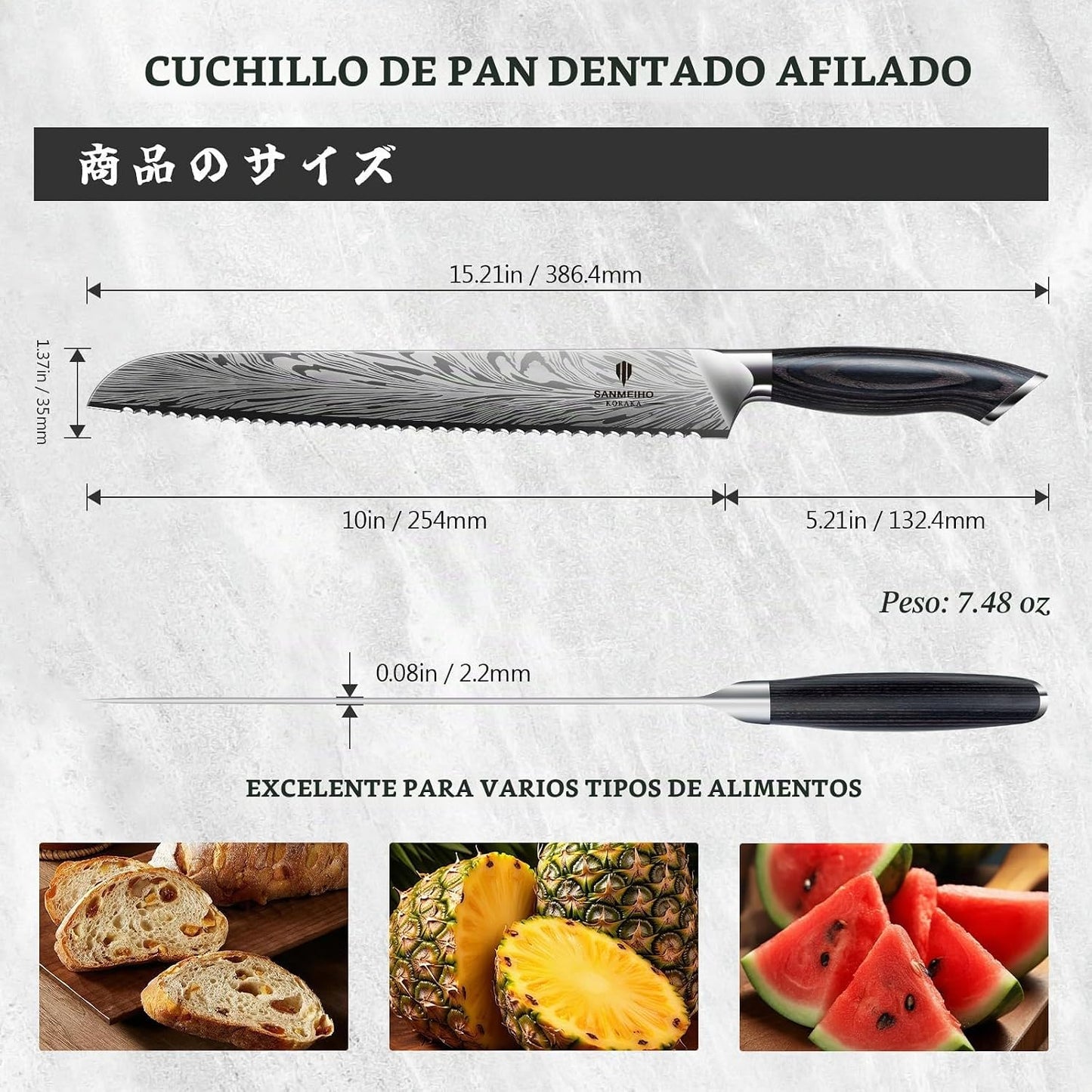 SANMEIHO Cuchillo de pan de 10 pulgadas en acero en polvo, cuchillo...
