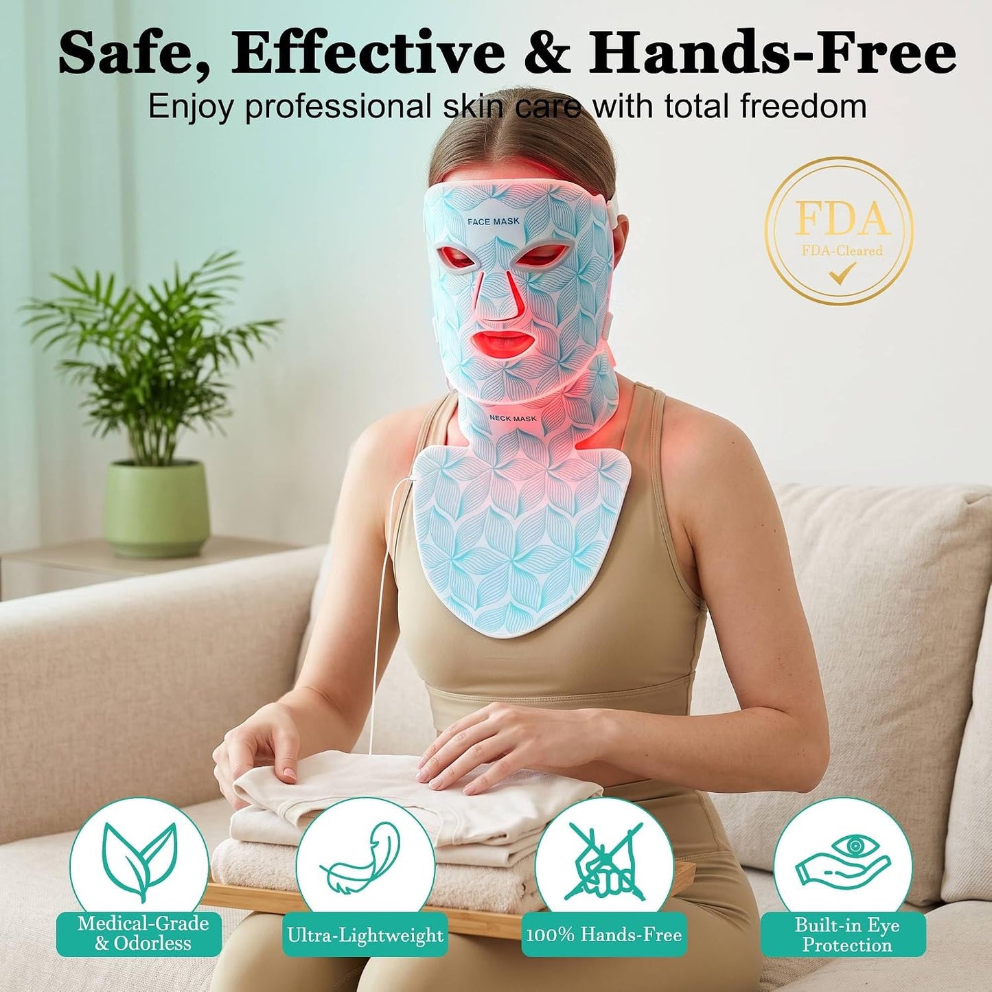 Máscara de terapia de luz roja para cara y cuello, 8 colores brilla...