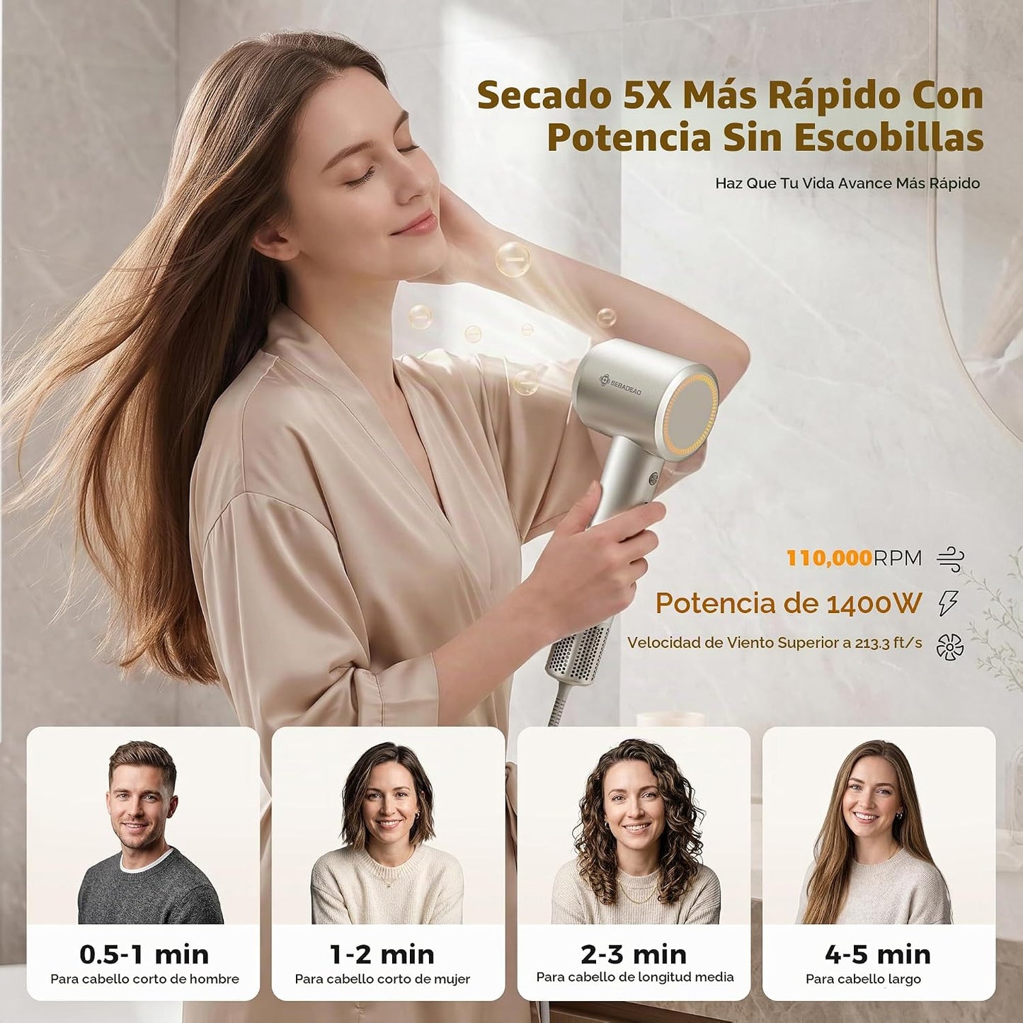 SEBADEAO Secador de pelo con montaje en pared, 110,000 rpm, motor s...