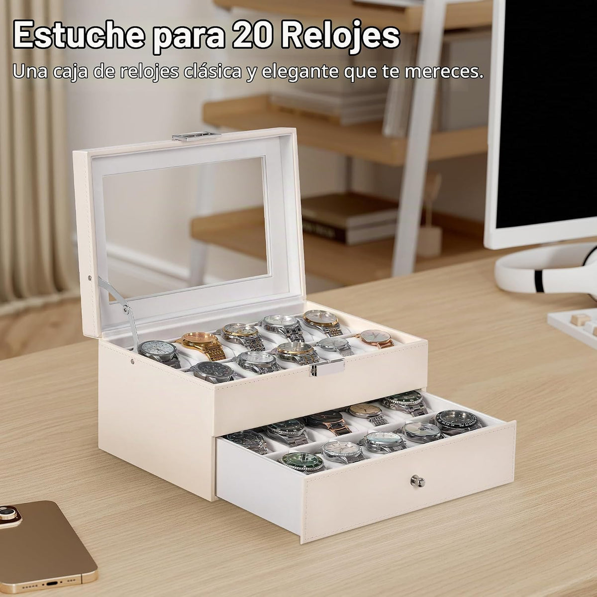 BEWISHOME Caja de reloj, caja de reloj de 20 ranuras para hombres c...