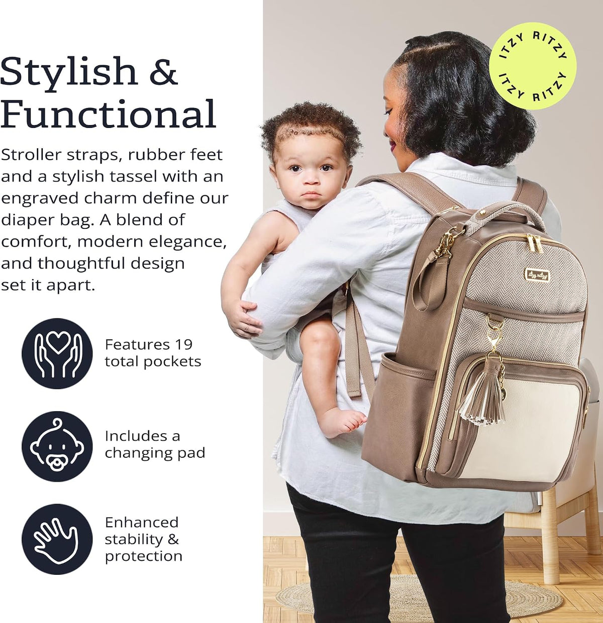 Itzy Ritzy - Mochila para pañales Boss Plus de gran capacidad con 1...