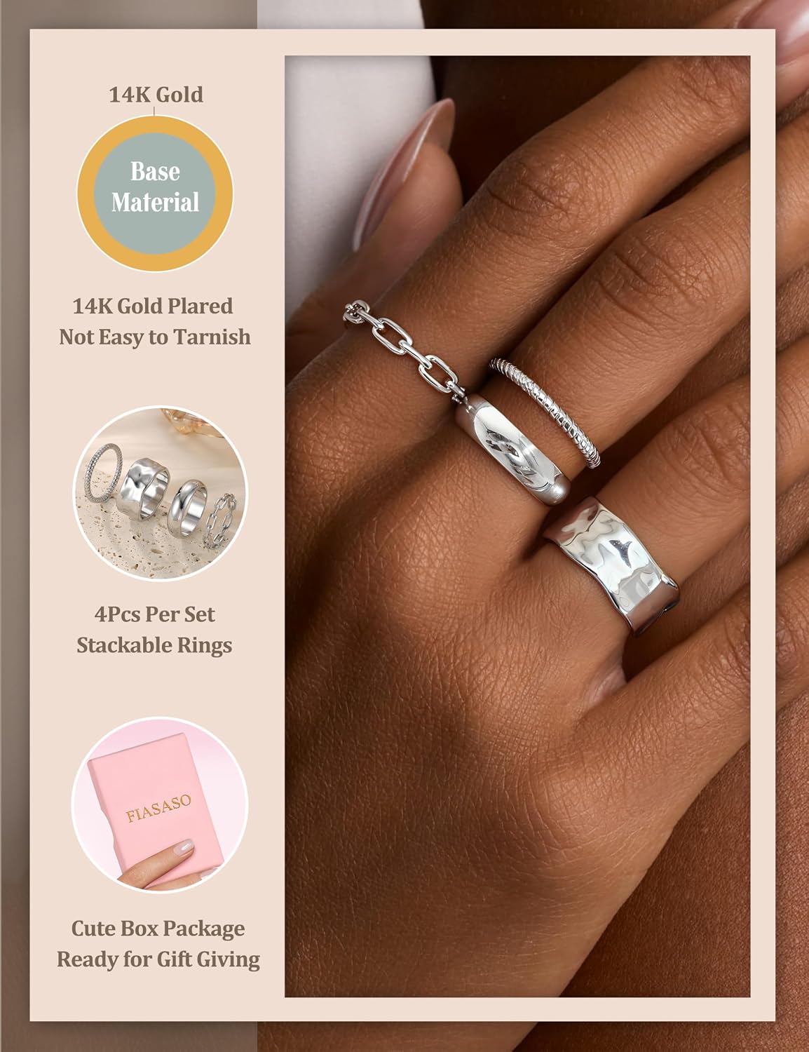 FIASASO Juego de 4 Anillos Gruesos Apilables para Mujer, Anillos Ch...