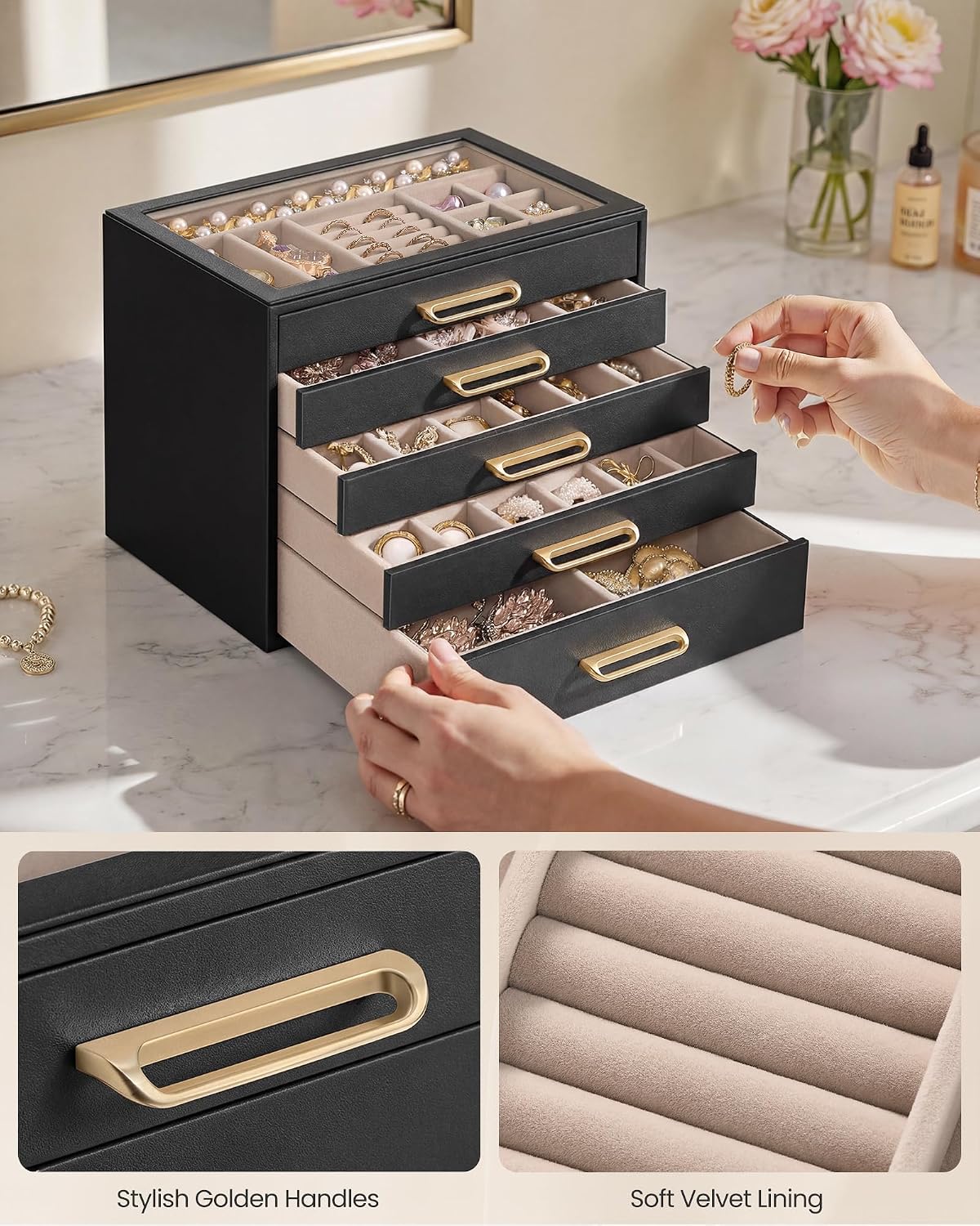 SONGMICS Joyero de 5 capas con ventana de cristal, organizador de a...