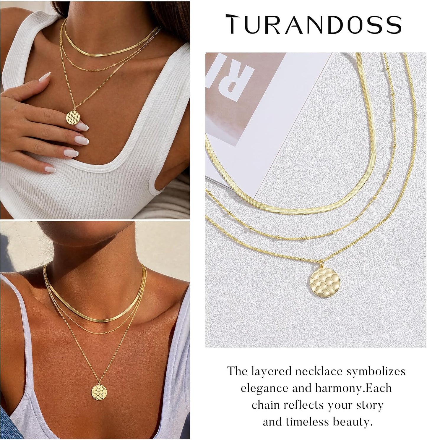 Turandoss Collares en capas para mujer, chapados en oro de 14 quila...