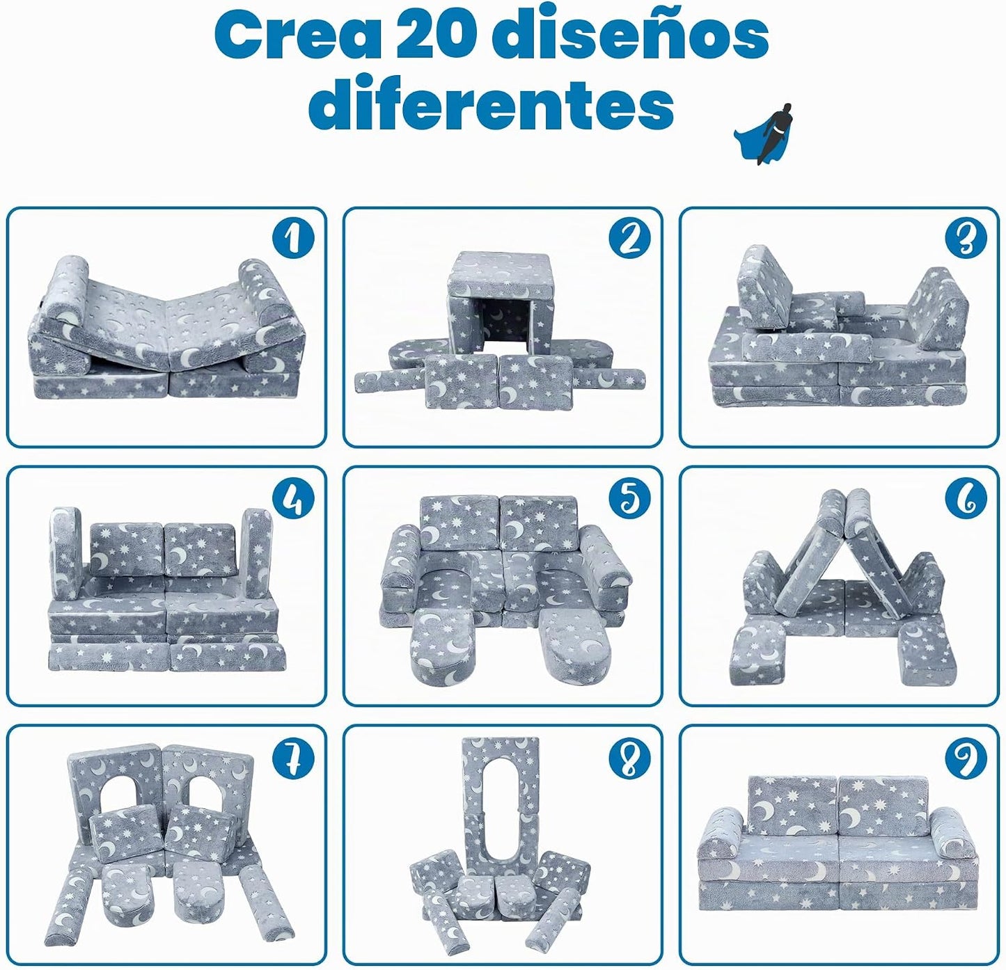 WONDERME Sofá modular de juego para niños de 2 plazas, 10 piezas qu...