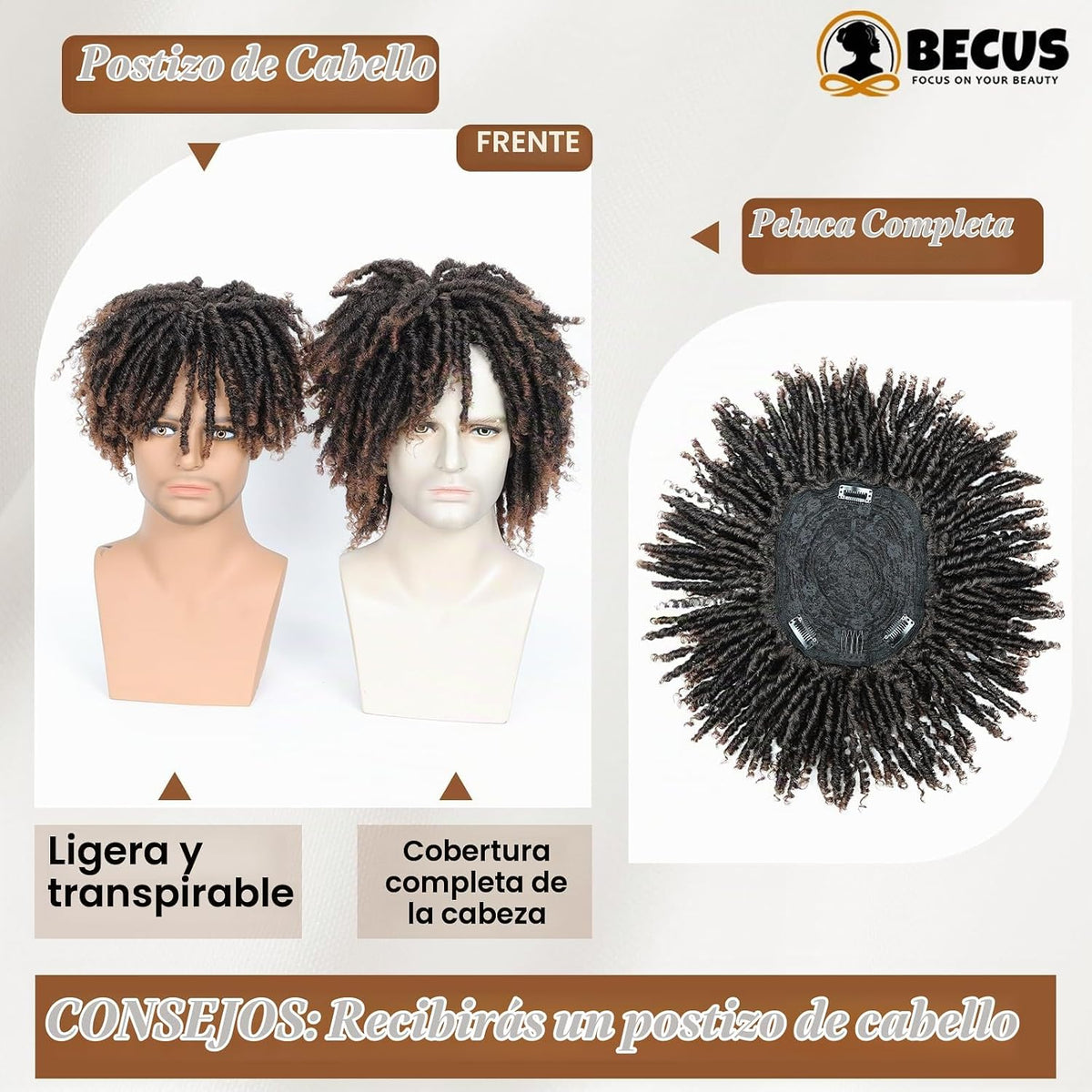 BECUS - Cubrepelo de rastas para hombre, postizo marrón para disfra...
