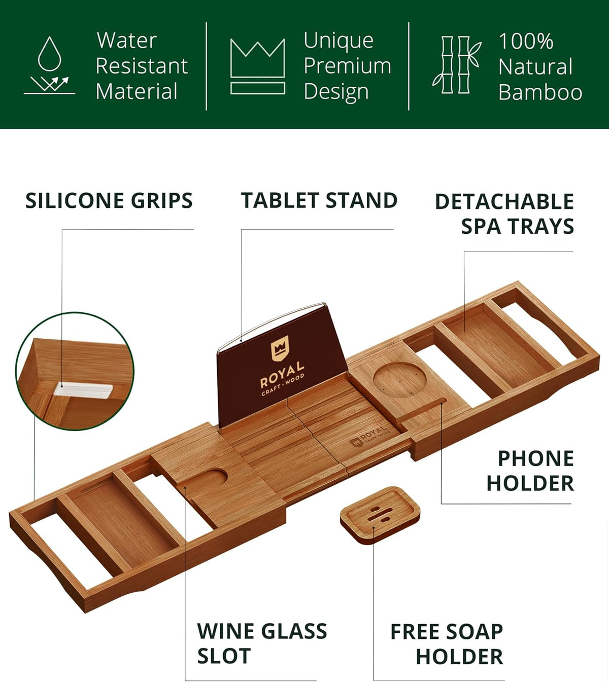 ROYAL CRAFT WOOD Bandeja de Bañera Plegable Premium - Bandeja de Ba...