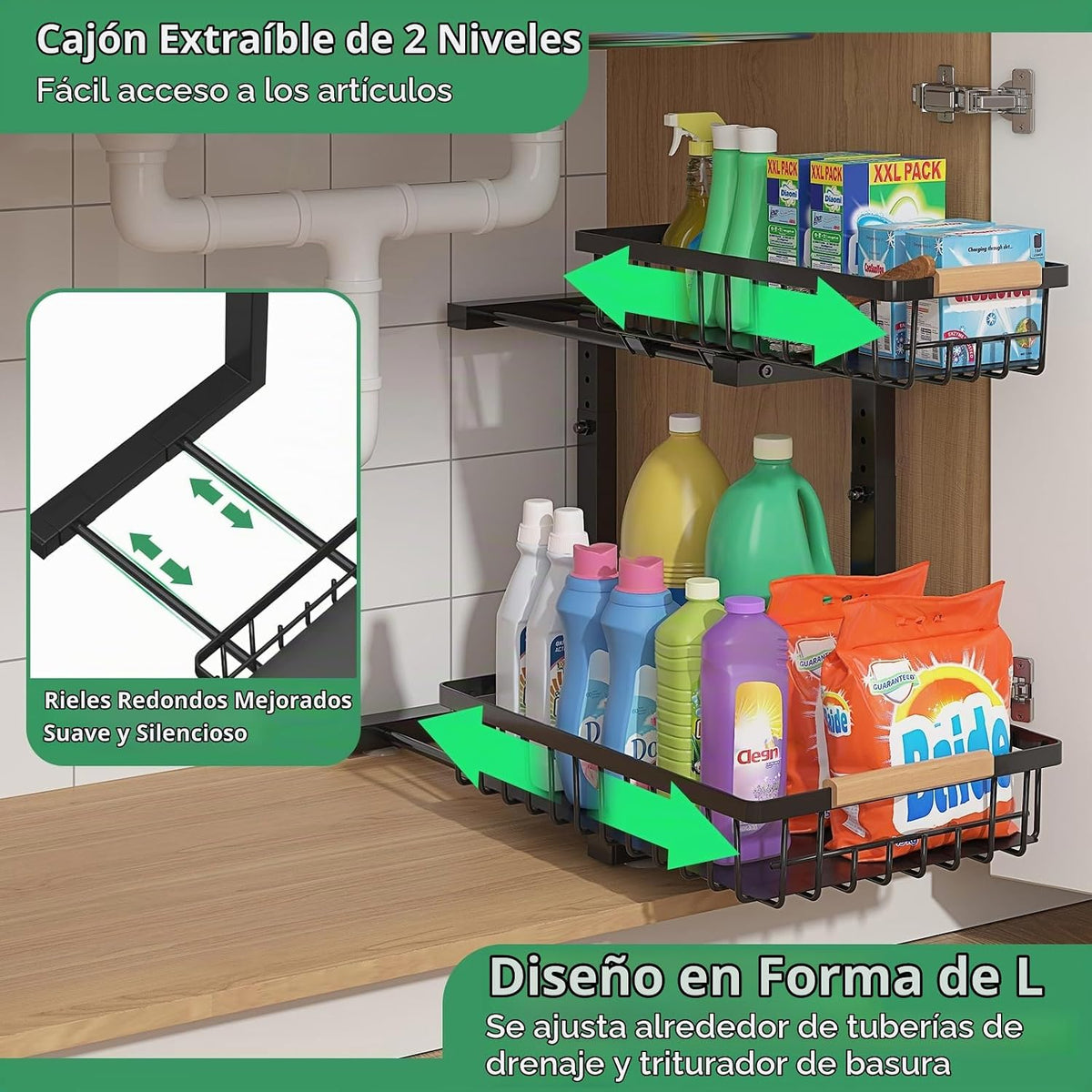 ADRIMER Organizador para debajo del fregadero, 2 paquetes, organiza...