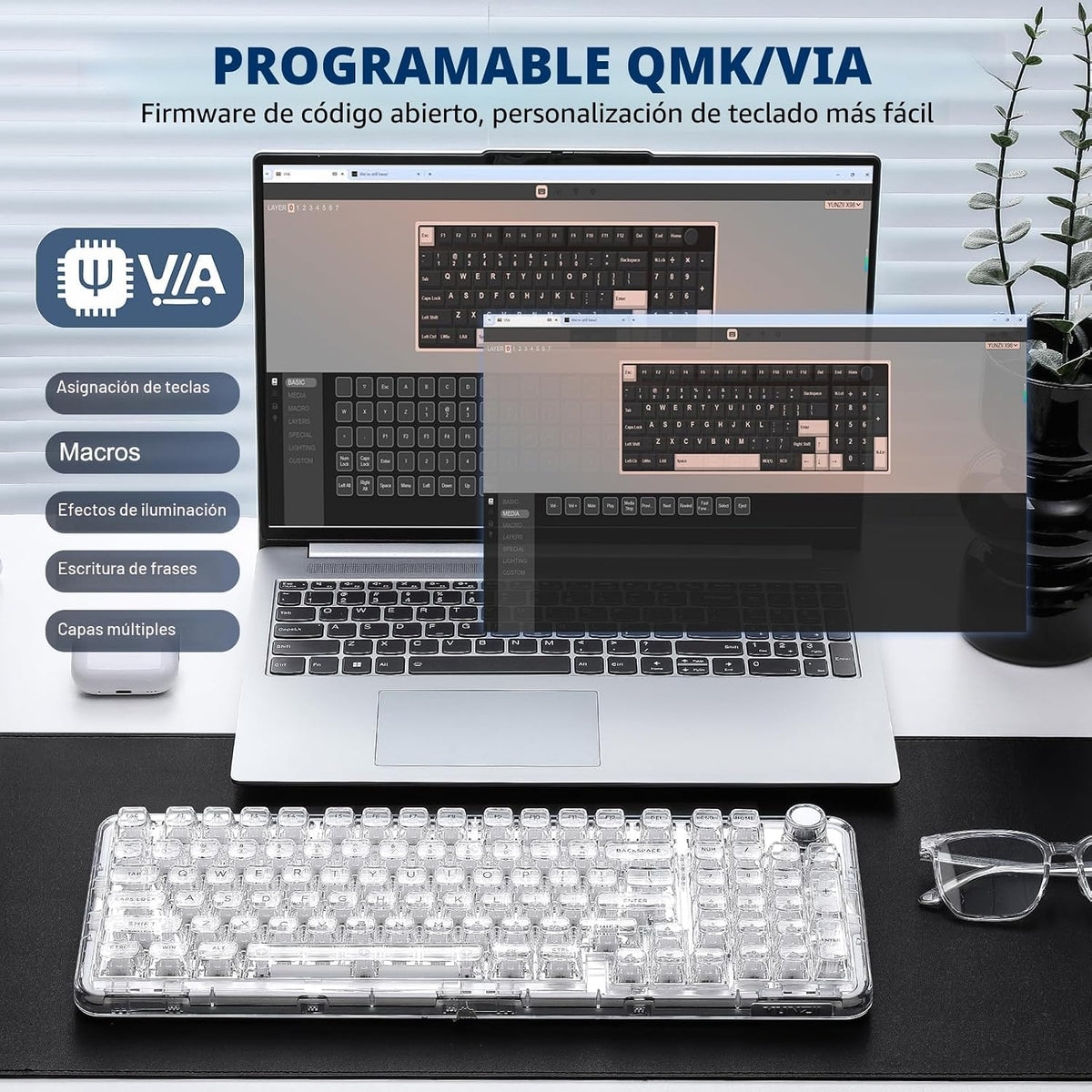 YUNZII X98 QMK\/VIA Teclado mecánico inalámbrico para juegos con pe...