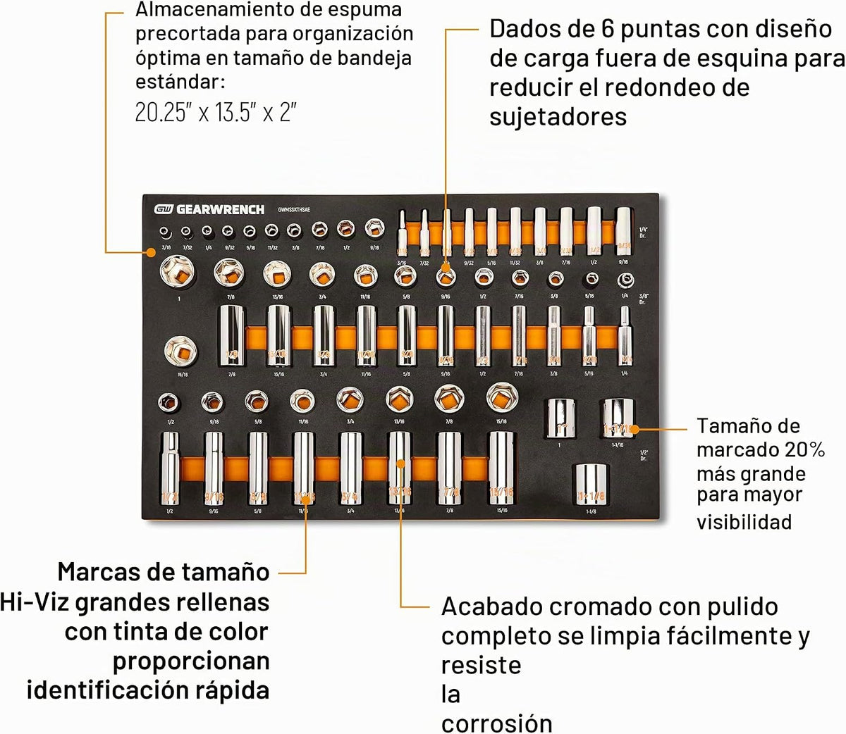 GEARWRENCH Juego de llaves SAE Hi-Viz de 63 piezas en bandeja de es...