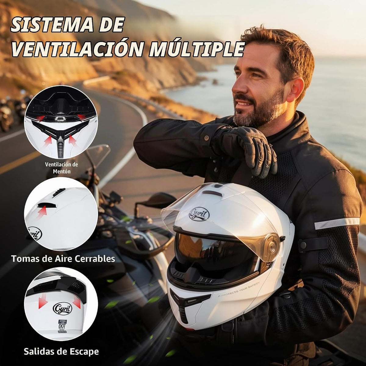 CYRIL Casco modular de motocicleta aprobado por DOT, cara completa...