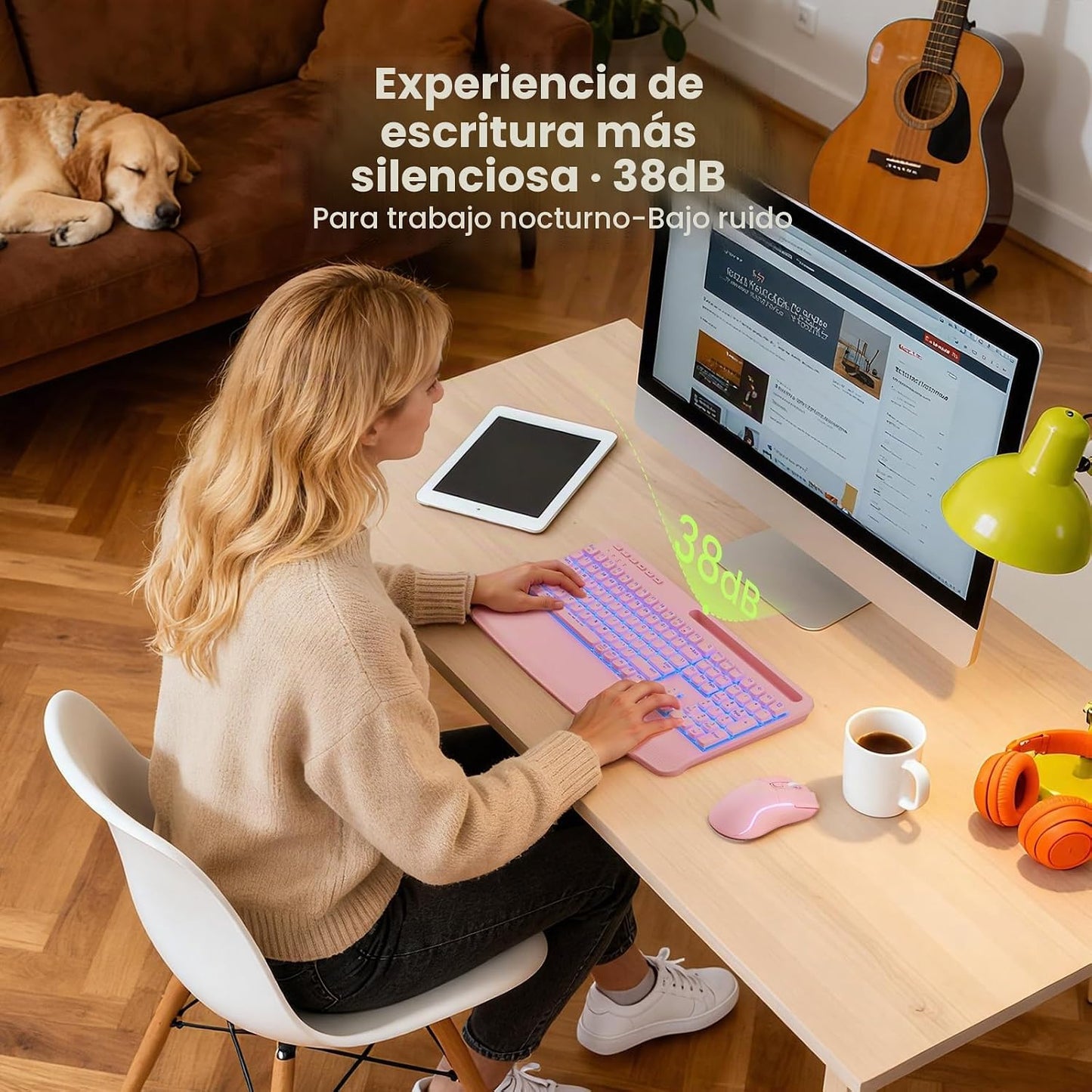 Combo inalámbrico de teclado y ratón rosa, conjunto de teclado y ra...