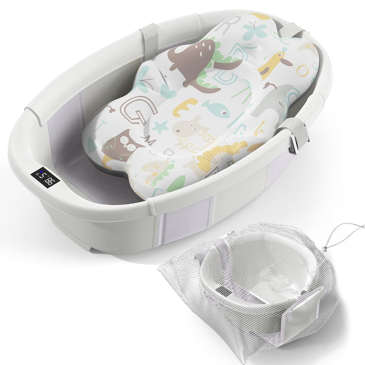 Bañera plegable para bebé, bañera grande para bebé con termómetro y...