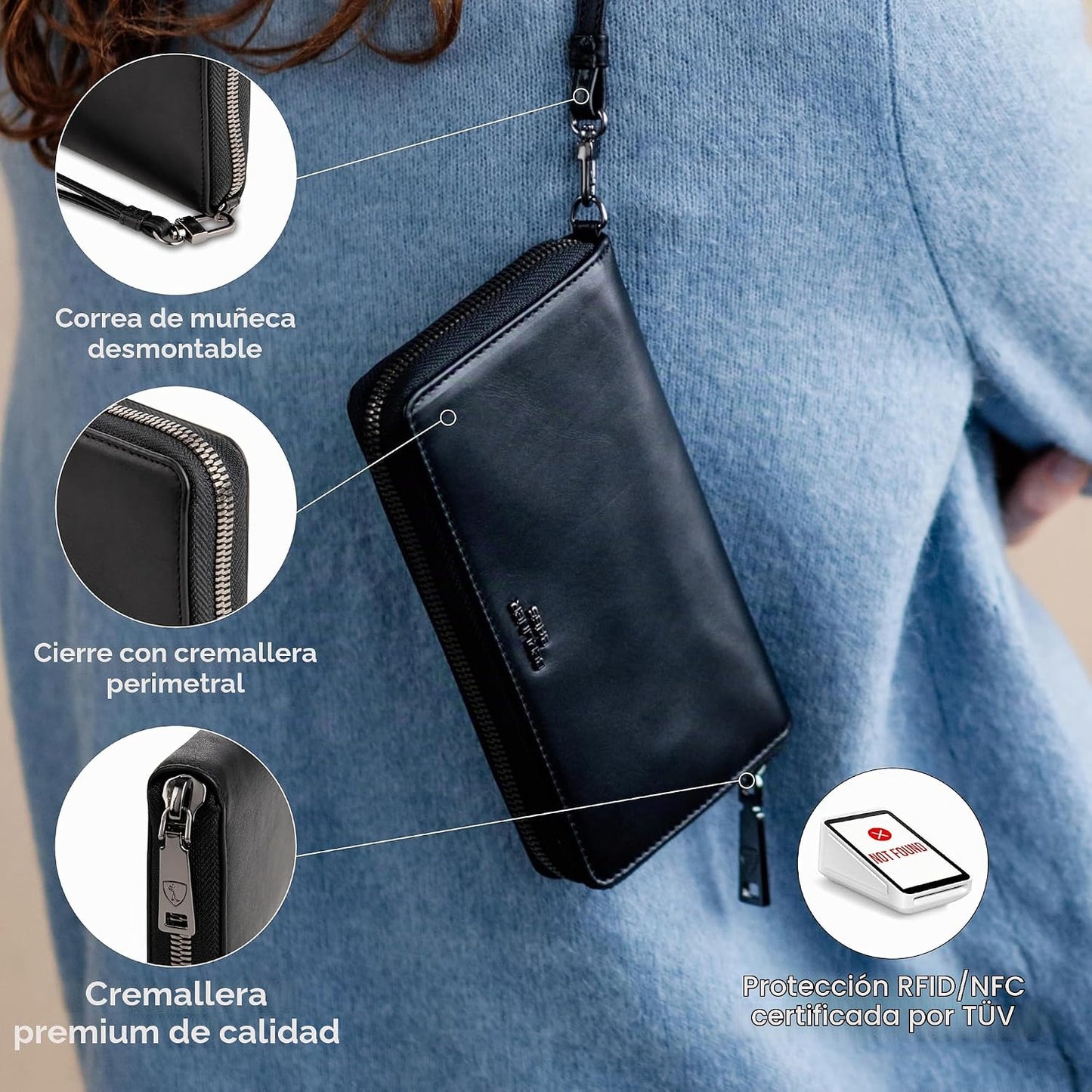 BERLINER BAGS Cartera Lyon de piel auténtica de alta calidad, con b...