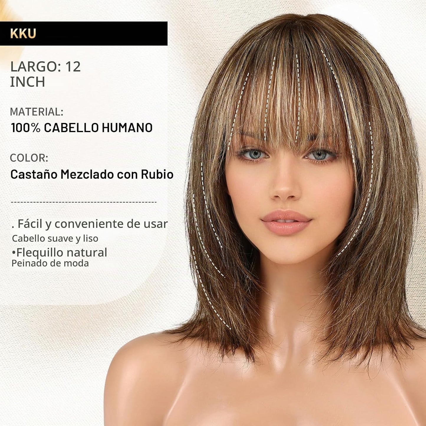 KKU Pelucas de cabello humano de 12 pulgadas para mujer, pelucas de...