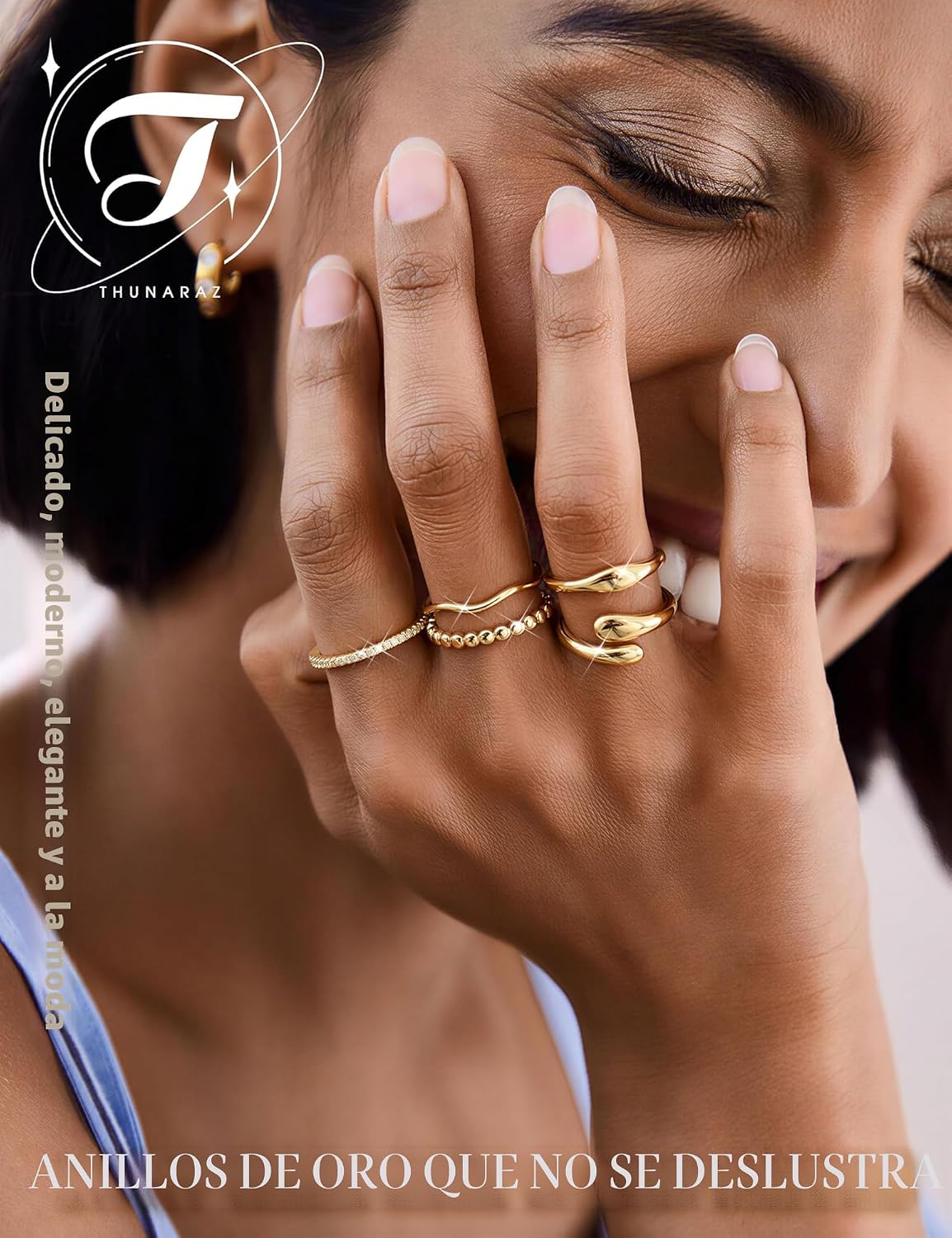 THUNARAZ Anillos chapados en oro de 14 quilates para mujer, no se d...