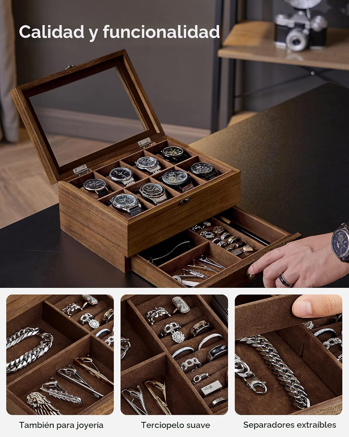 SONGMICS Caja de reloj de madera de 8 ranuras, vitrina con tapa de...