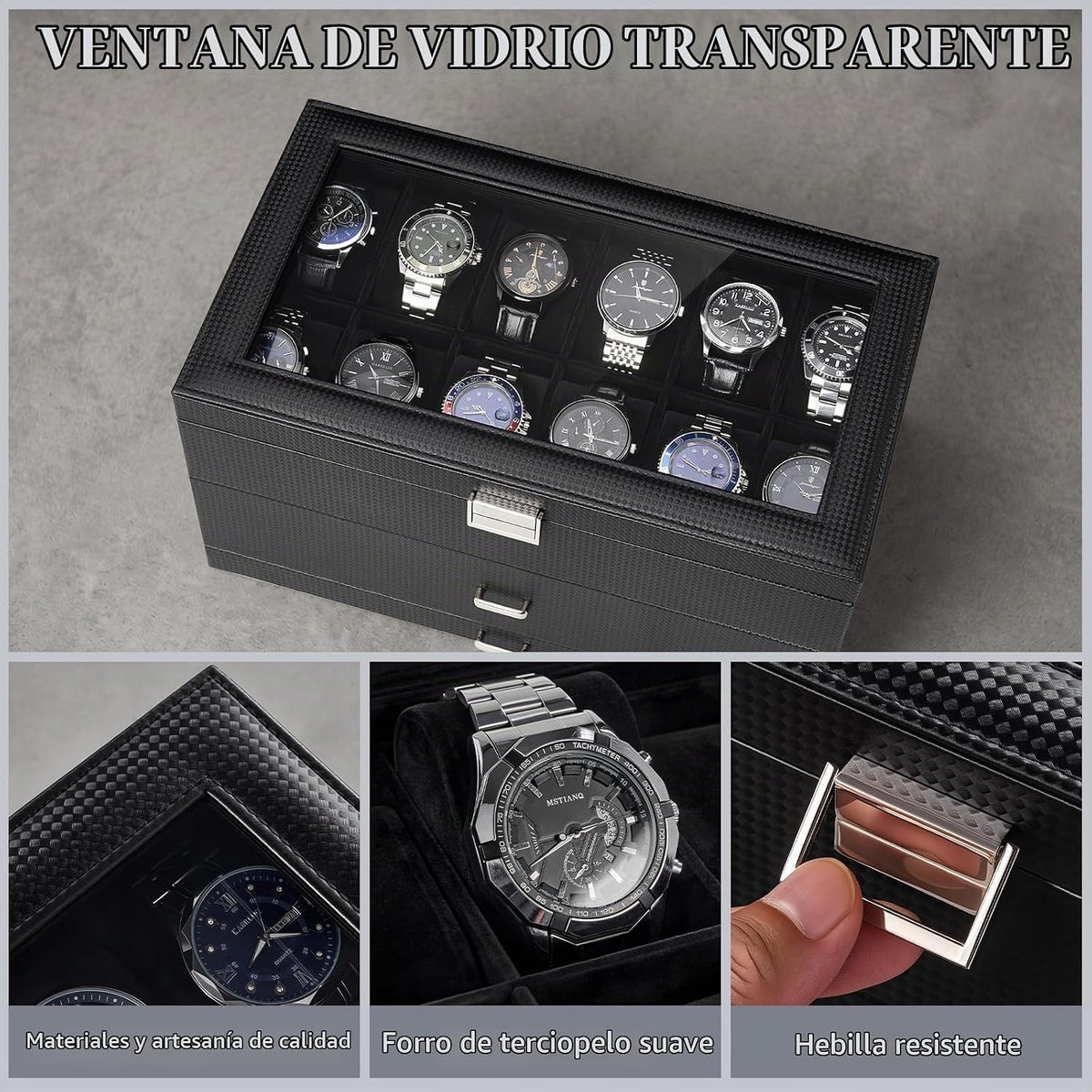 ProCase Caja de reloj de 3 capas con tapa de vidrio para hombre, 24...