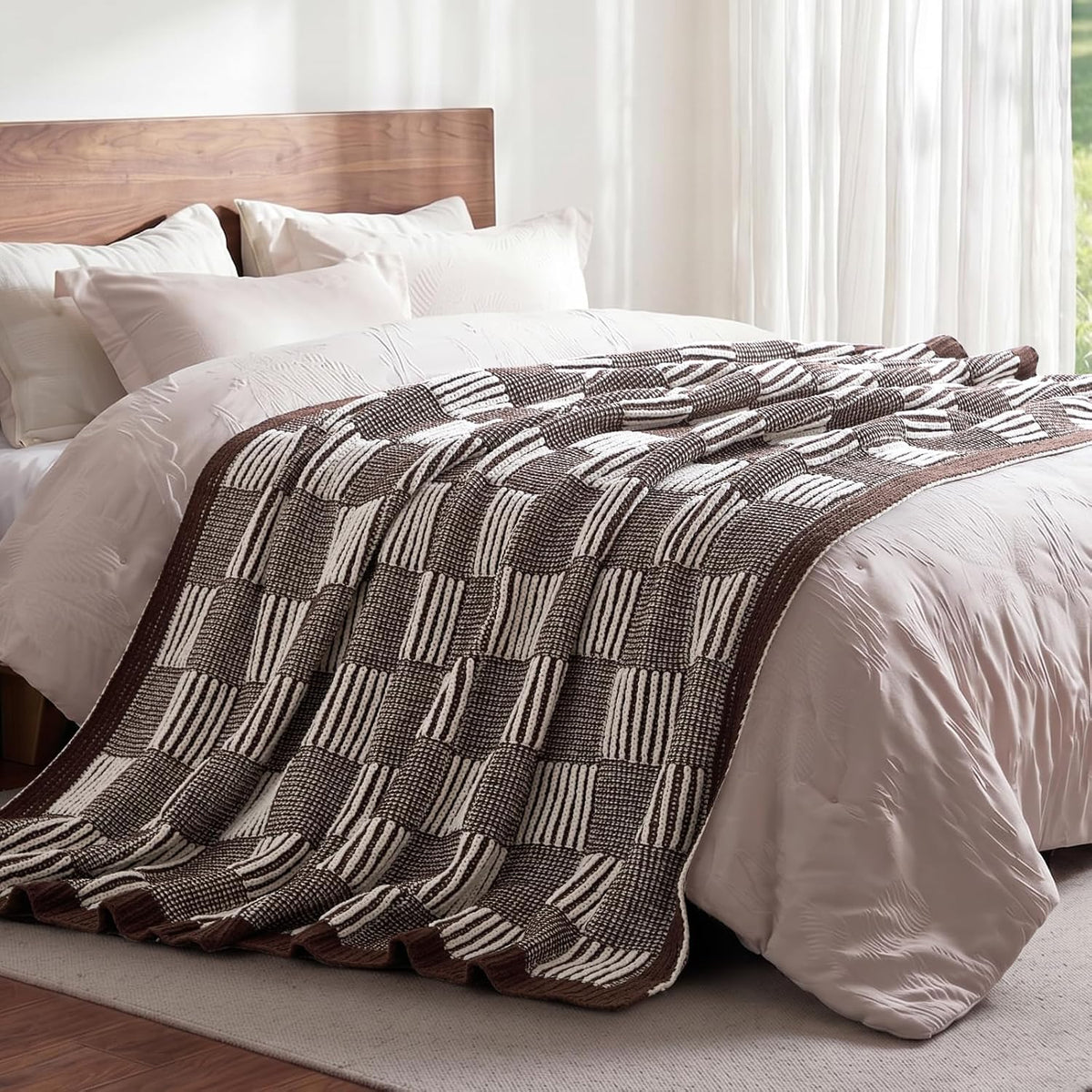 Amélie Home Manta de punto a cuadros para cama, marrón moca, 60 x 8...