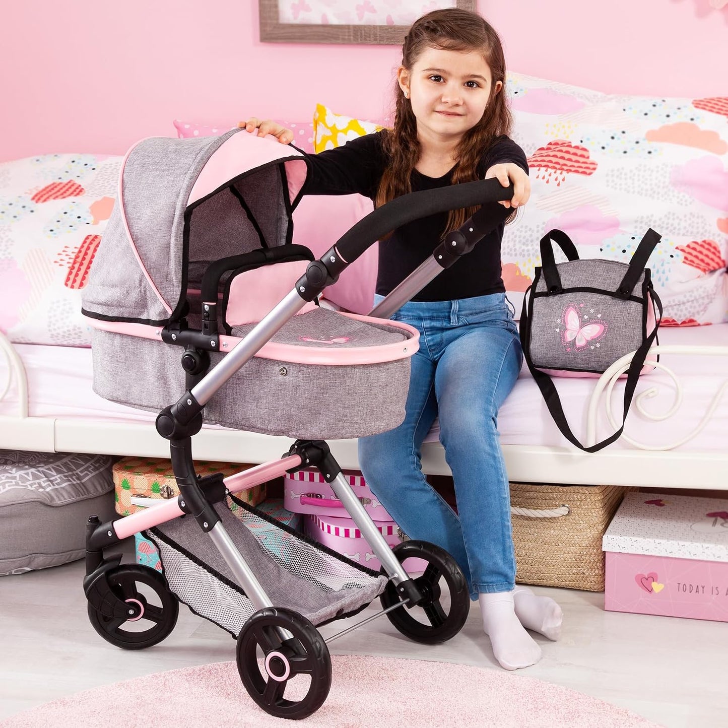 Bayer: Cochecito versátil City Vario - Gris y rosa con mariposa par...
