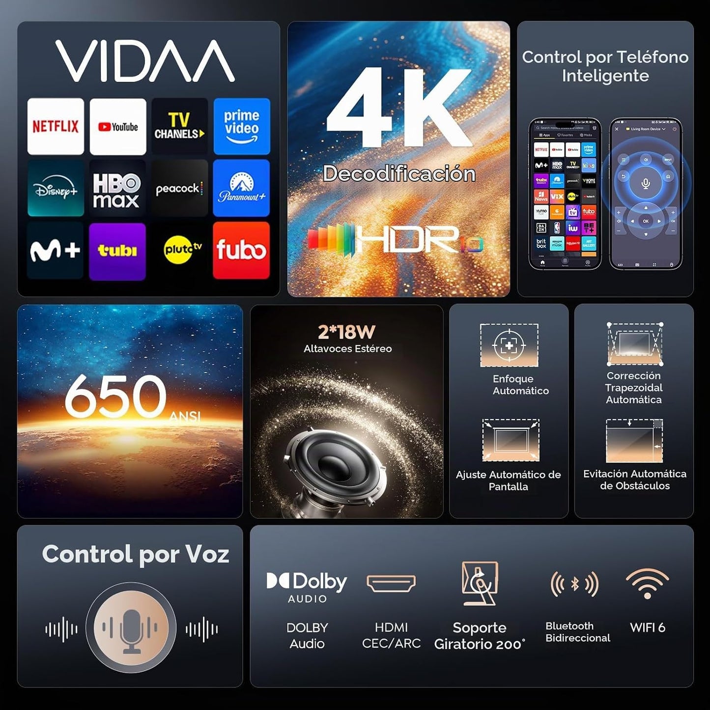 Proyector inteligente 4K [VIDAA Live TV y Dolby de 36 W y control d...